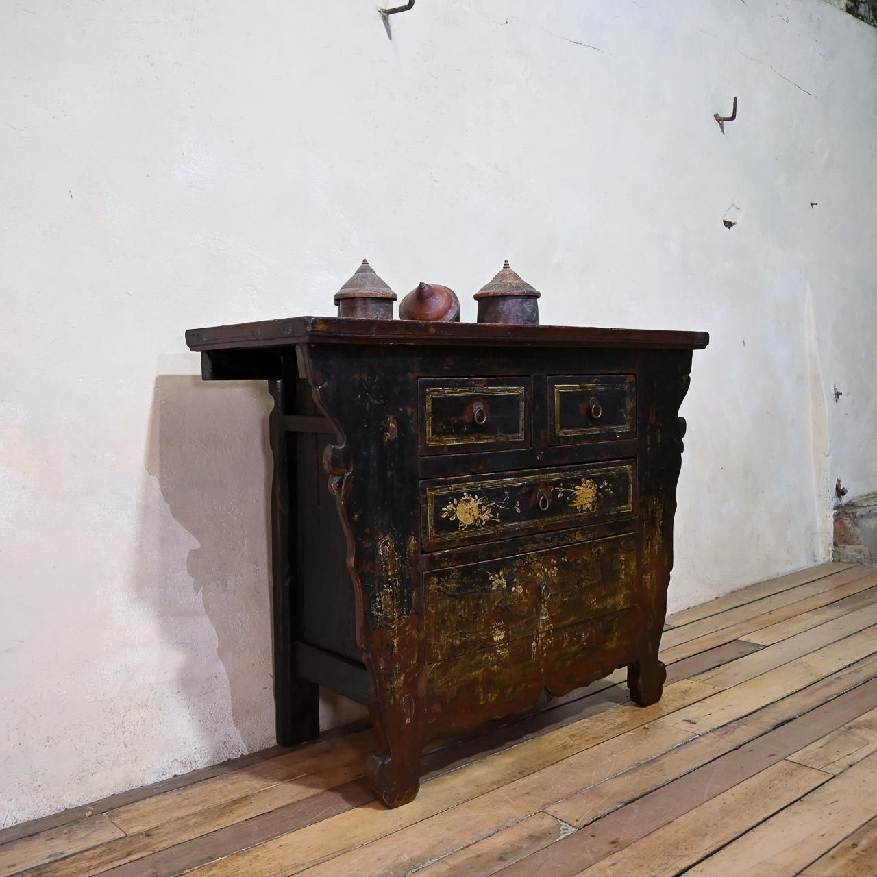 Ebonized Late 19th Century Black Lacquer Chinese Butterfly Cabinet, Shanxi Sideboard For Sale