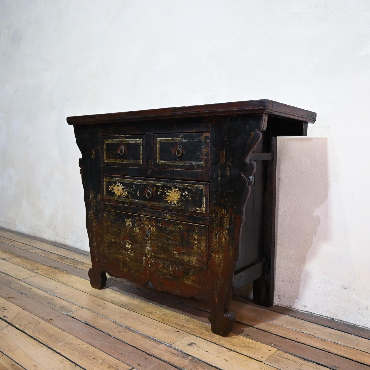 Late 19th Century Black Lacquer Chinese Butterfly Cabinet, Shanxi Sideboard For Sale 4
