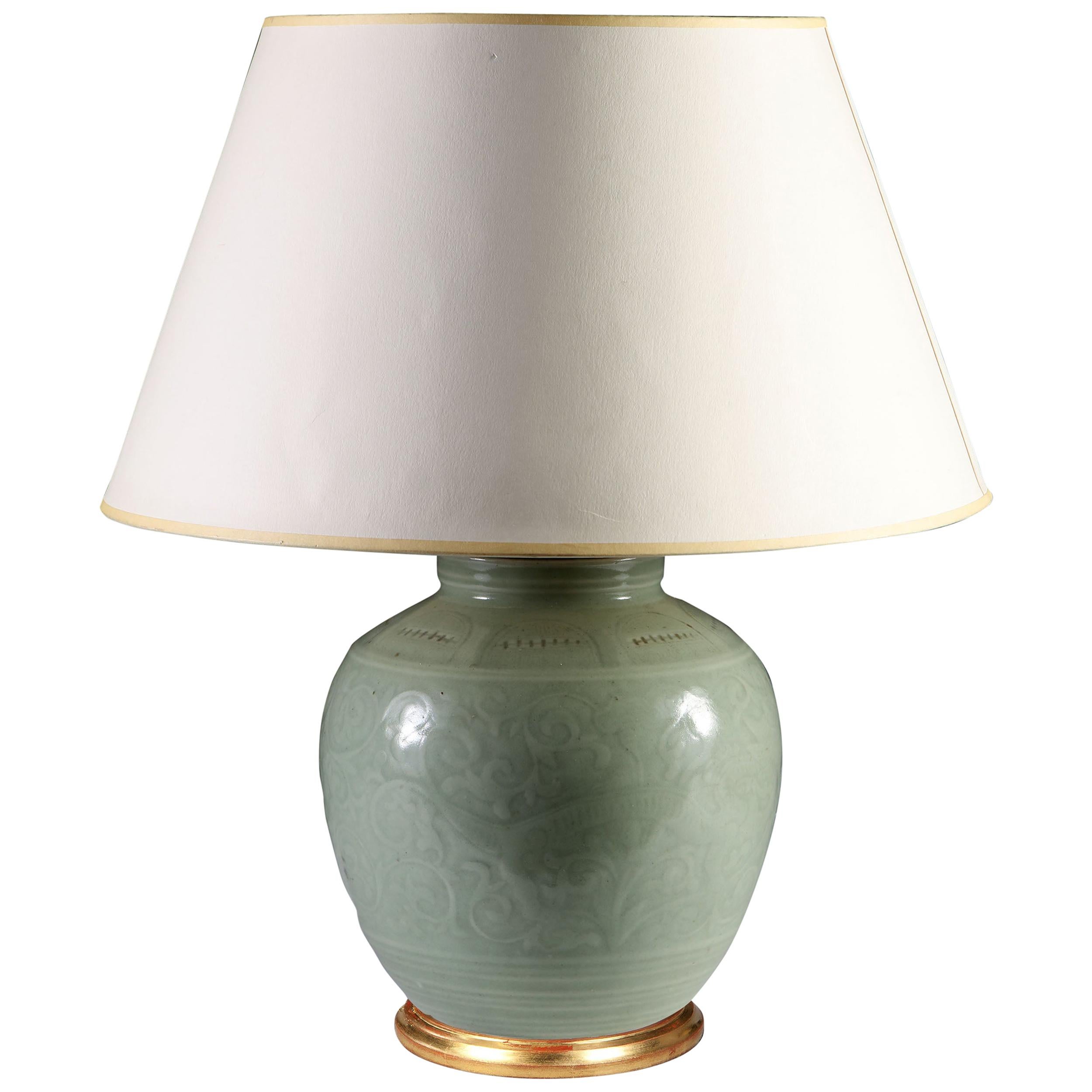 Late 19th Century Celadon Vase as a Table Lamp, with Giltwood Base