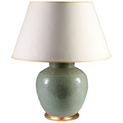 Antique Late 19th Century Celadon Vase as a Table Lamp, with Giltwood Base