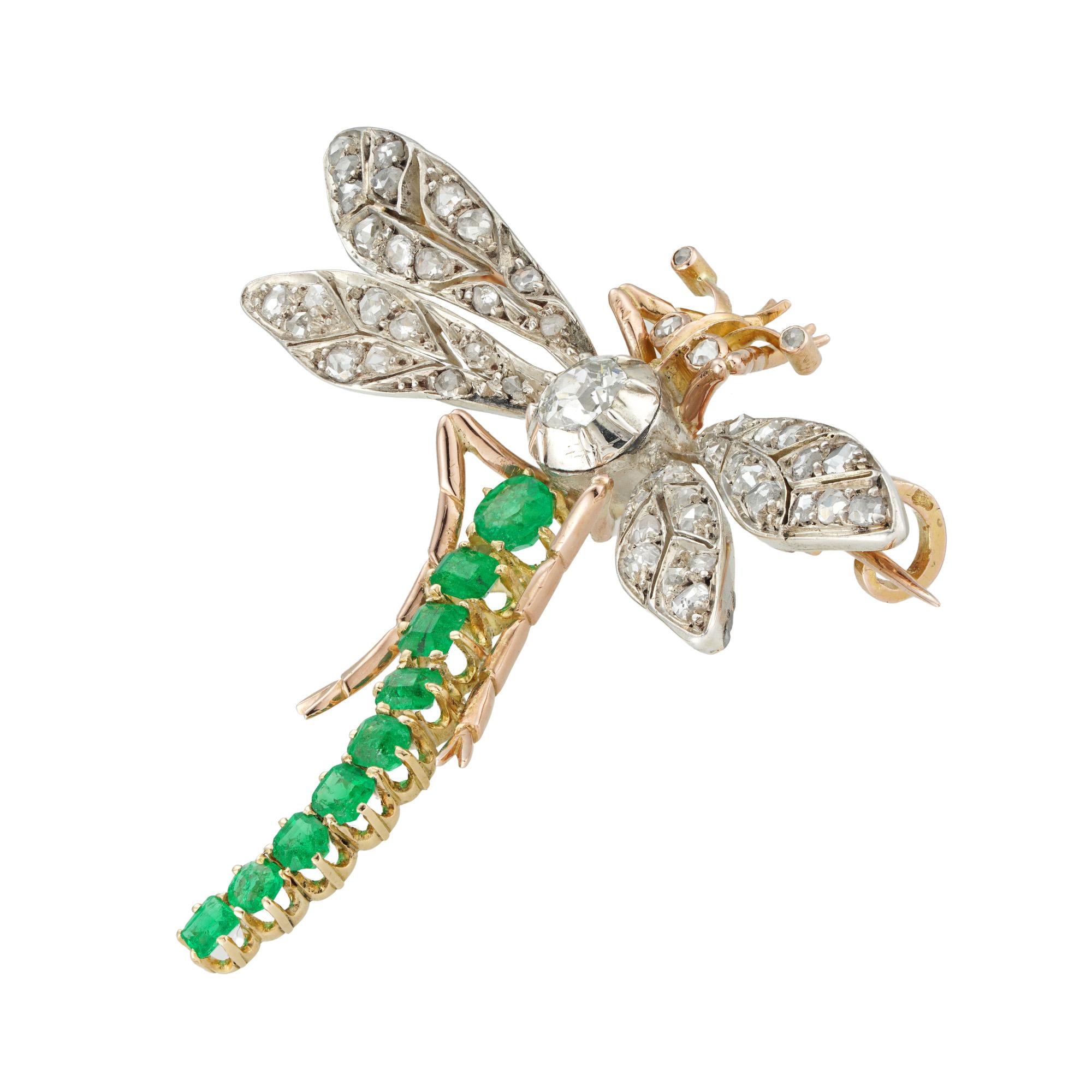 Late Victorian A late 19th century emerald and diamond dragonfly brooch For Sale