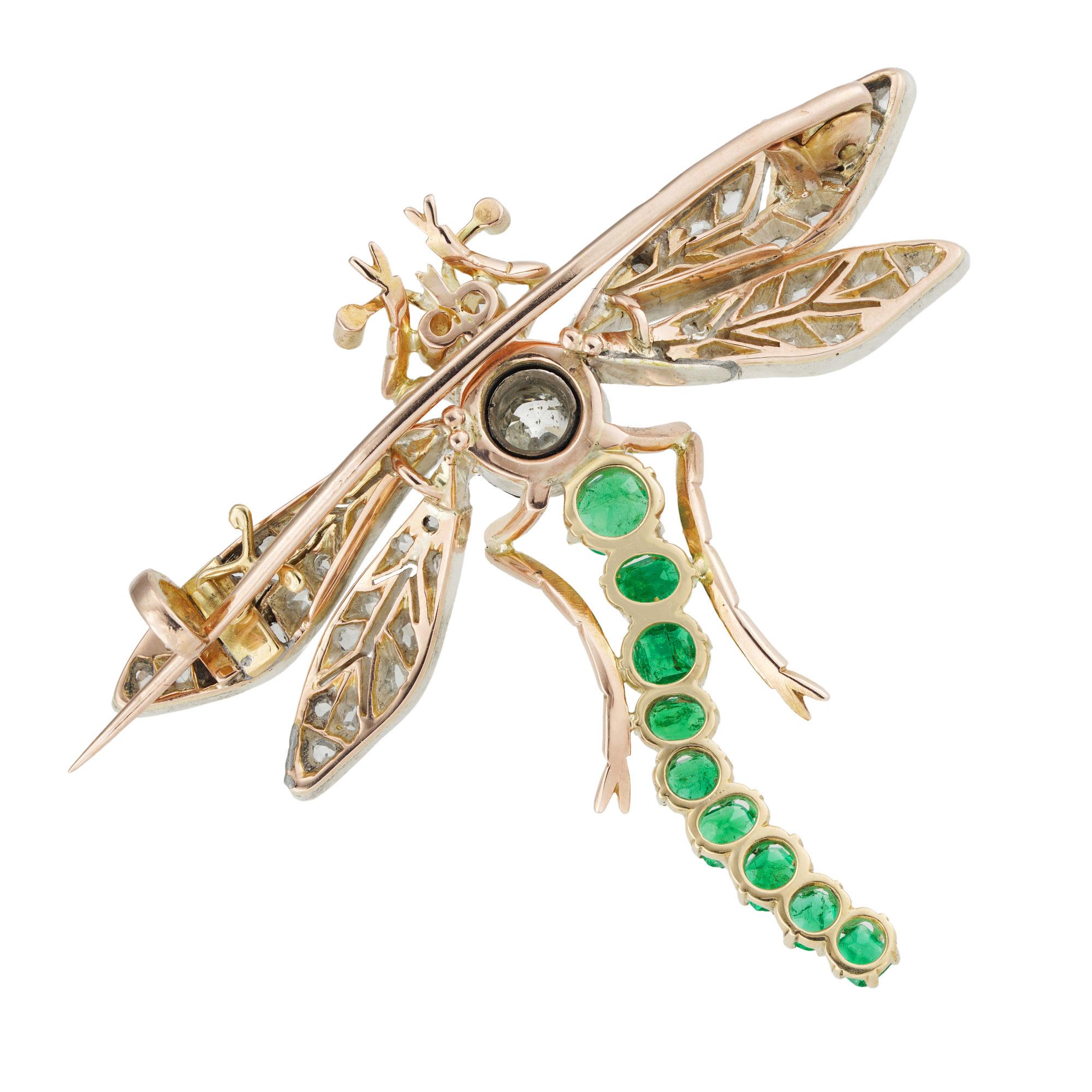 Old Mine Cut A late 19th century emerald and diamond dragonfly brooch For Sale