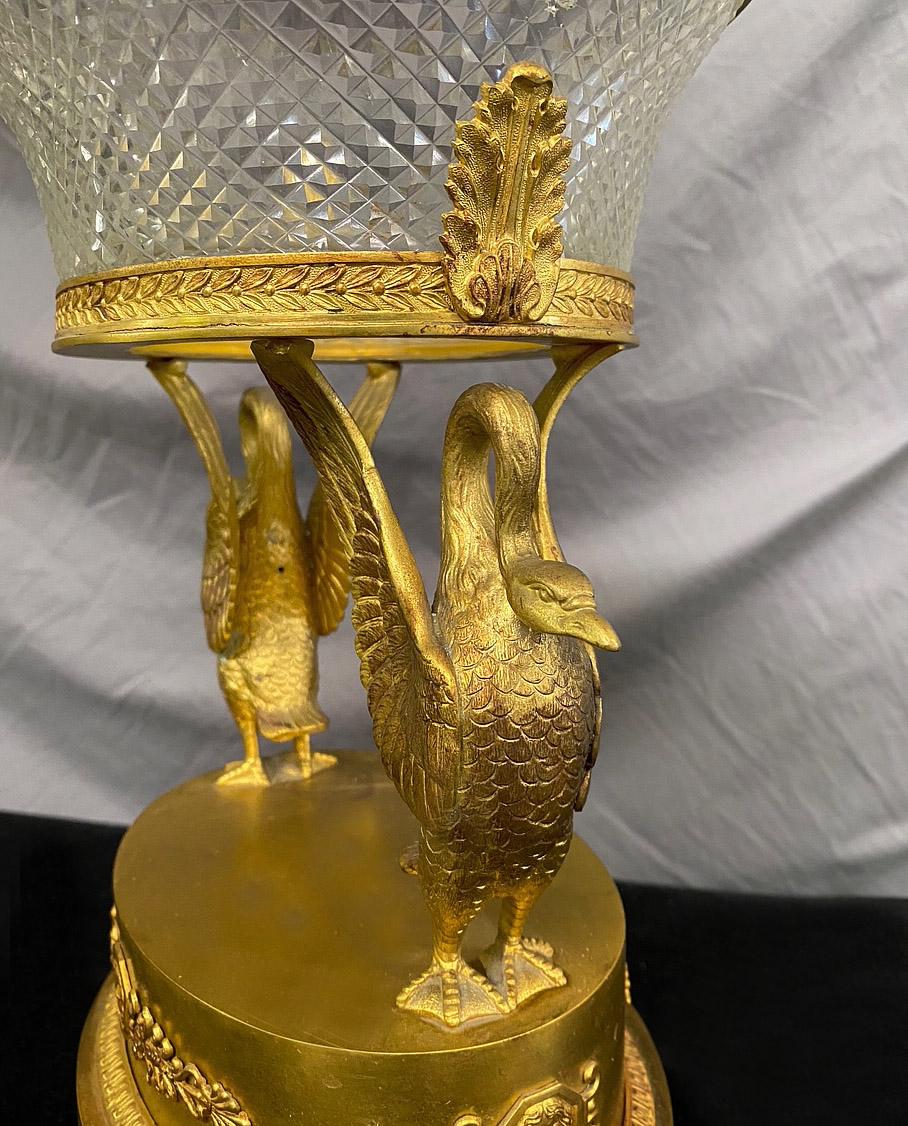 A late 19th century Empire style gilt bronze and crystal centerpiece

A finely cut crystal oval bowl being held up by two large bronze swans, standing on a bronze base surrounded by four woman faces and on paw feet.