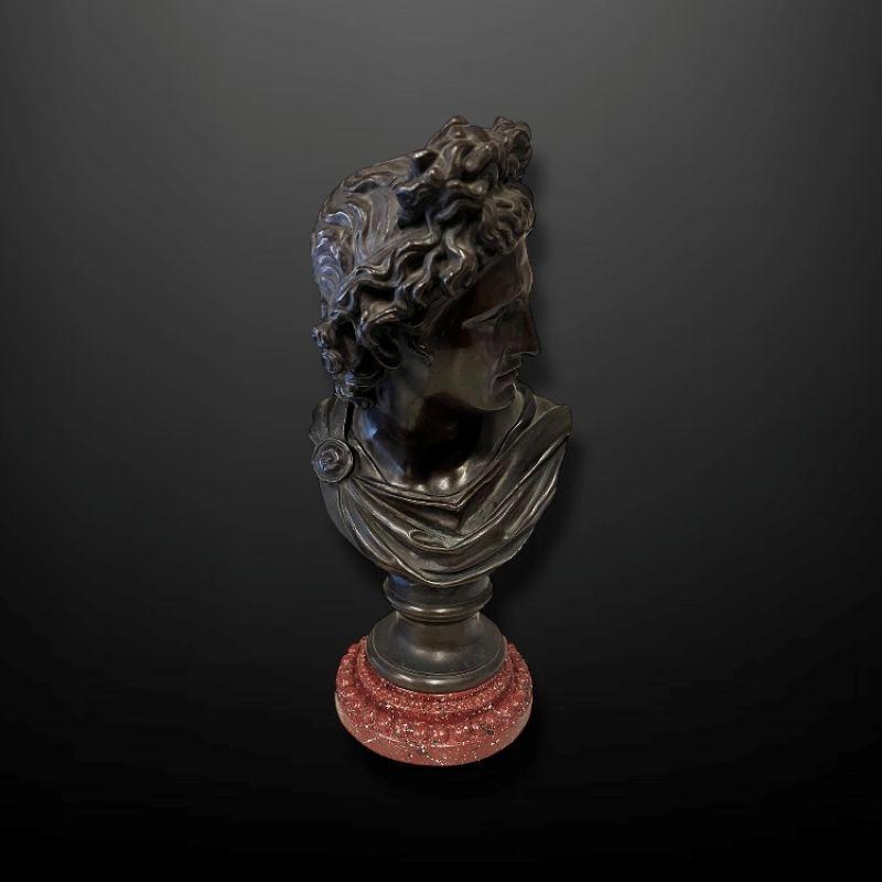 A late 19th Century French Brown patinated bronze bust of Apollo Belvedere stamped F. Barbedienne. Fondeur.

Apollo, the Greek God of Archery, Music and Dance. His head, turned to glance over his left shoulder.

The bust stands on a red painted,
