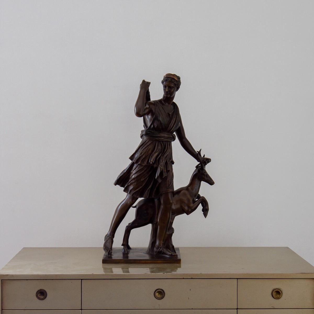 A late 19th century, French bronze of Diana the Huntress with a leaping deer, by 'Collas et Barbedienne' signed F. Barbedienne Fondeur and complete with the A Collas Seal.

Achille Collas (1795-1859) invented a machine which involved copying
