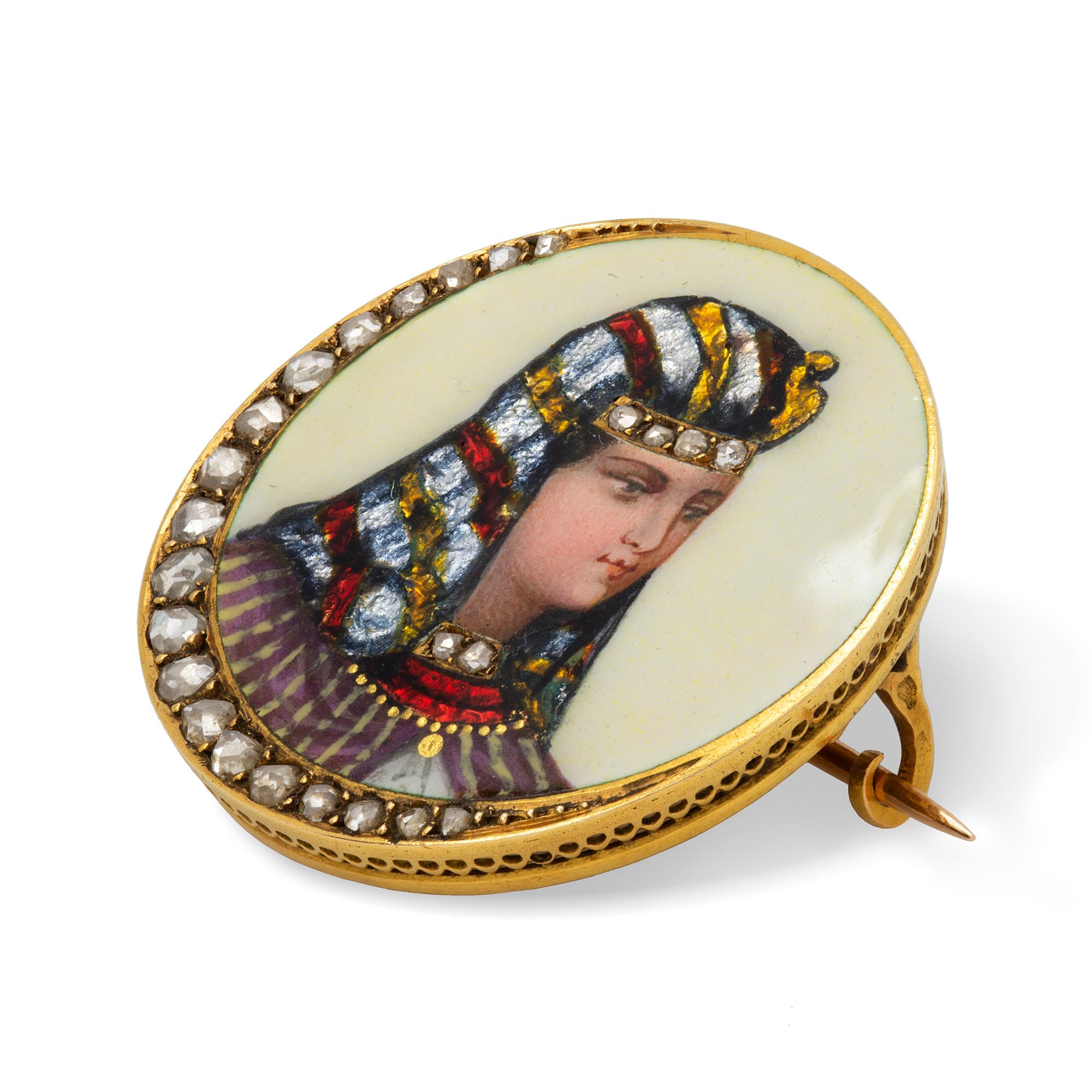 A late 19th century French enamel and diamond brooch, the centre depicting an enamelled Egyptian Queen with rose-cut diamond-set headdress decorations, within a rose diamond-set crescent, all mounted in yellow gold with a pierced gallery, bearing