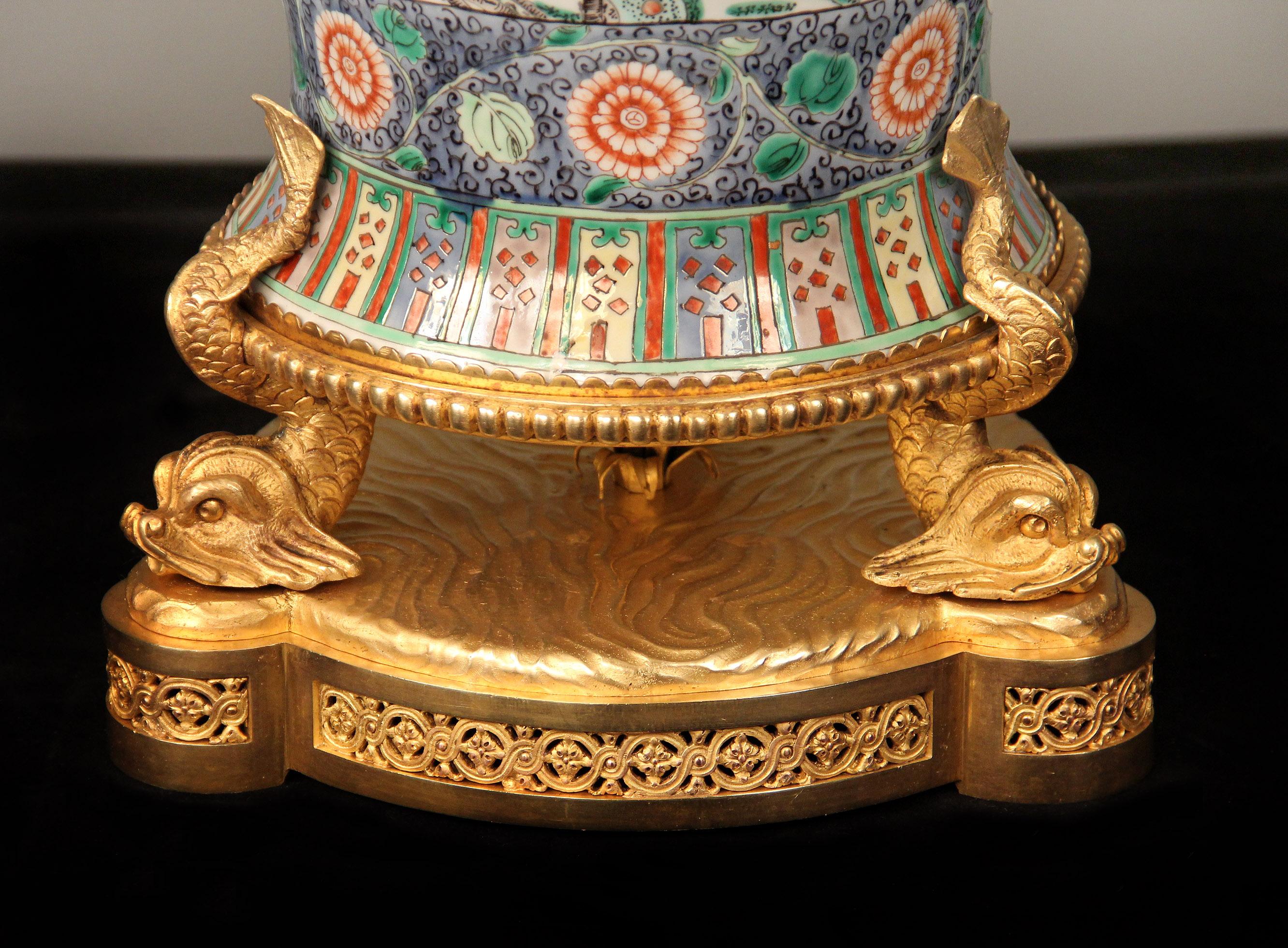 Hand-Painted Late 19th Century French Gilt Bronze Mounted Chinese Porcelain Vase For Sale