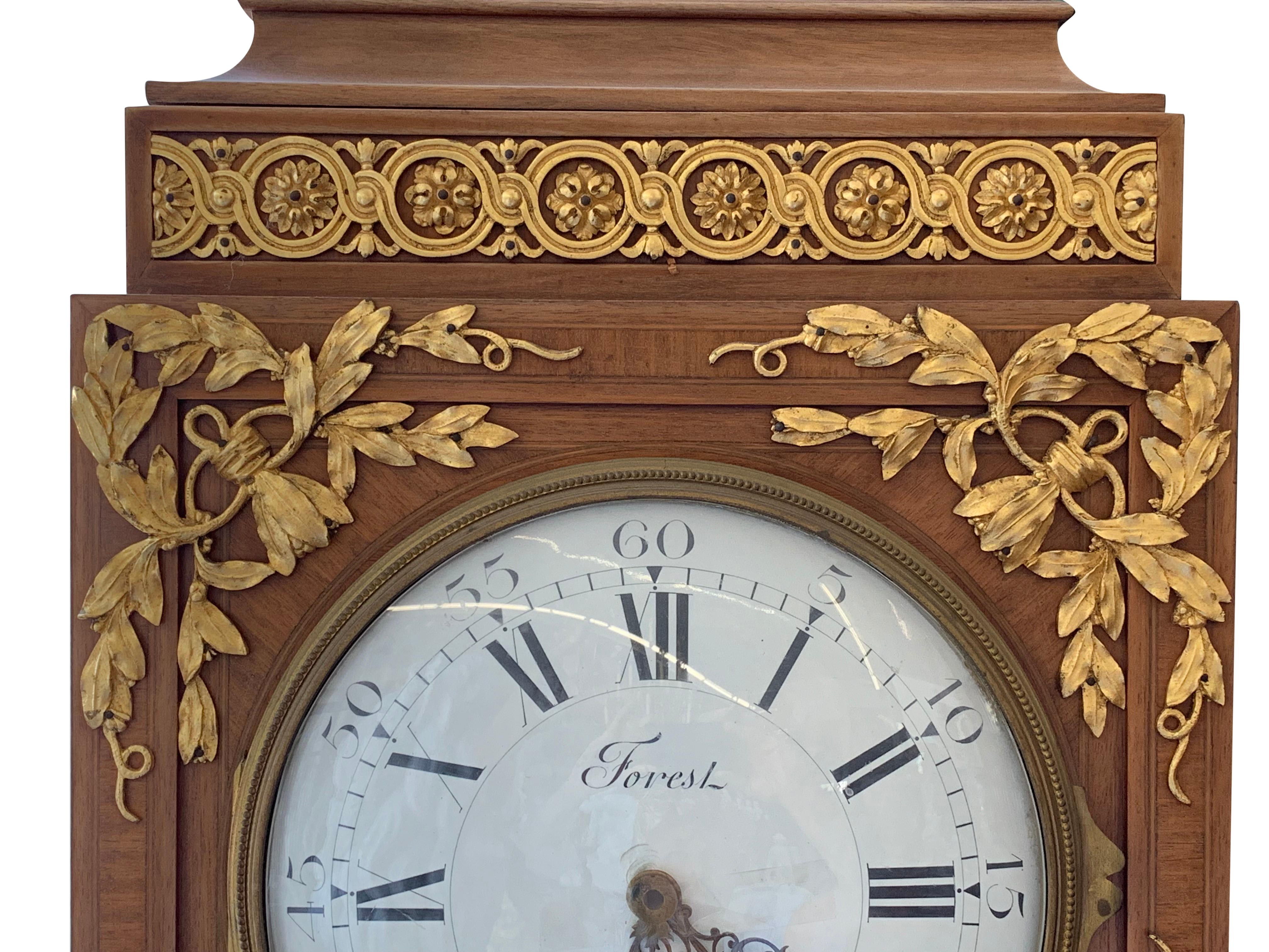 Late 19th Century French Louis XVI Style Gilt-Bronze Mounted Grandfather Clock For Sale 7