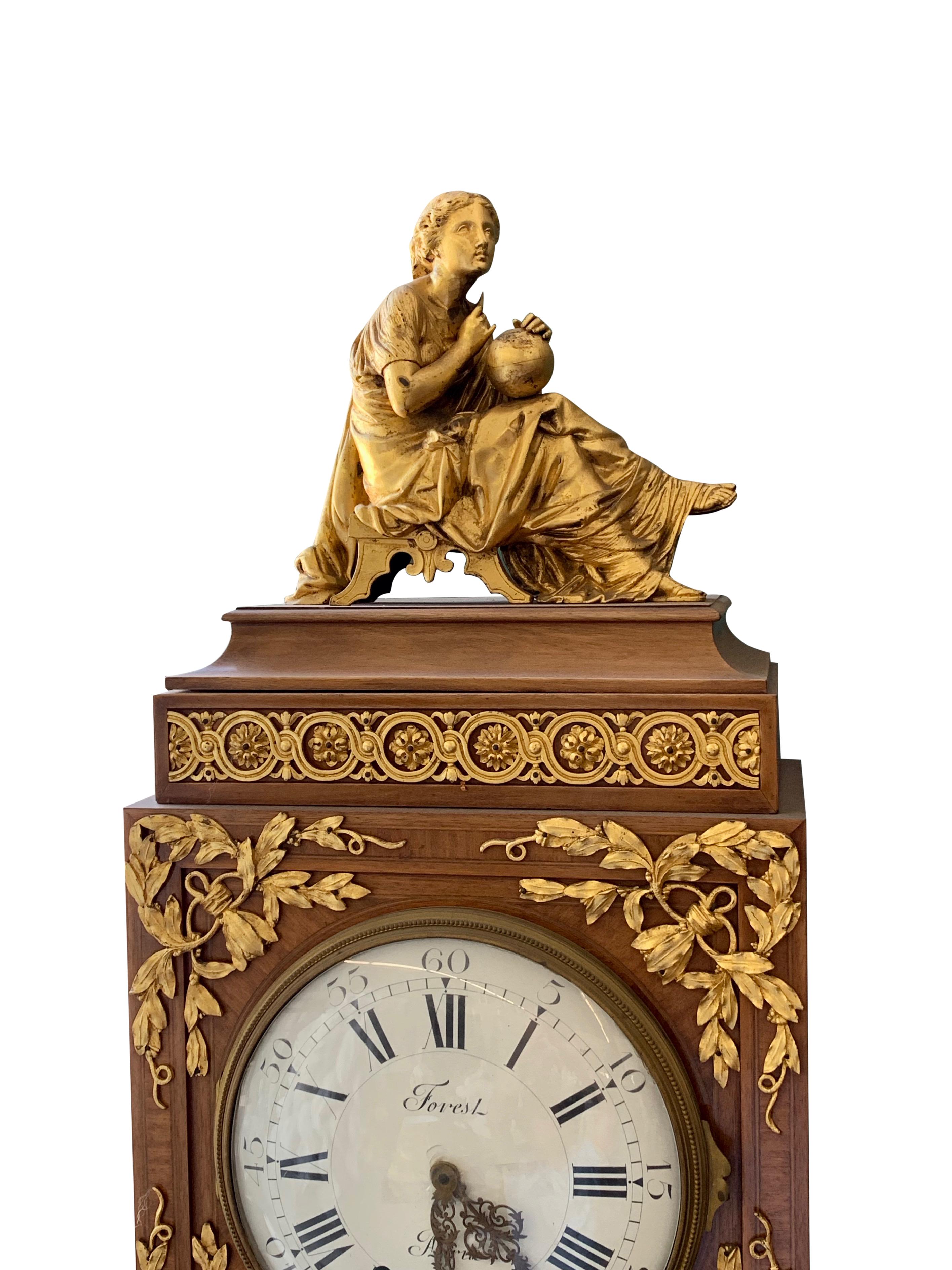 Late 19th Century French Louis XVI Style Gilt-Bronze Mounted Grandfather Clock For Sale 4