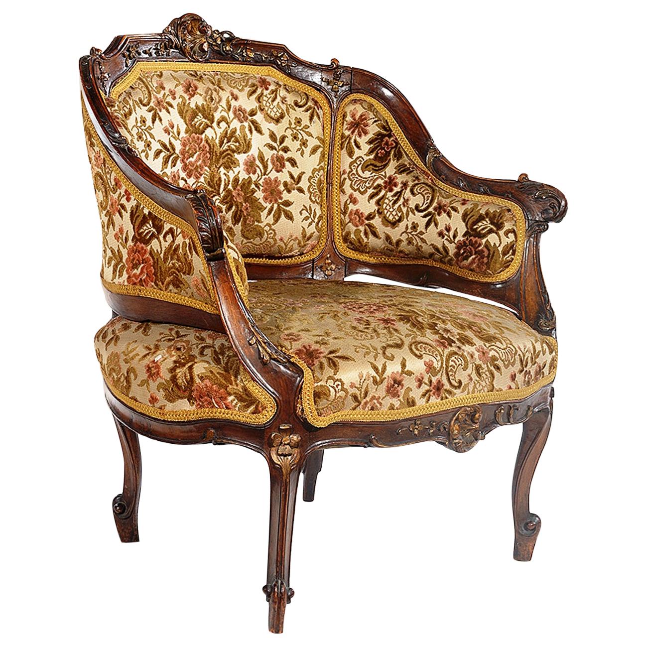Late 19th Century French Louis XV Style Walnut Framed Petite Bergère Chair For Sale