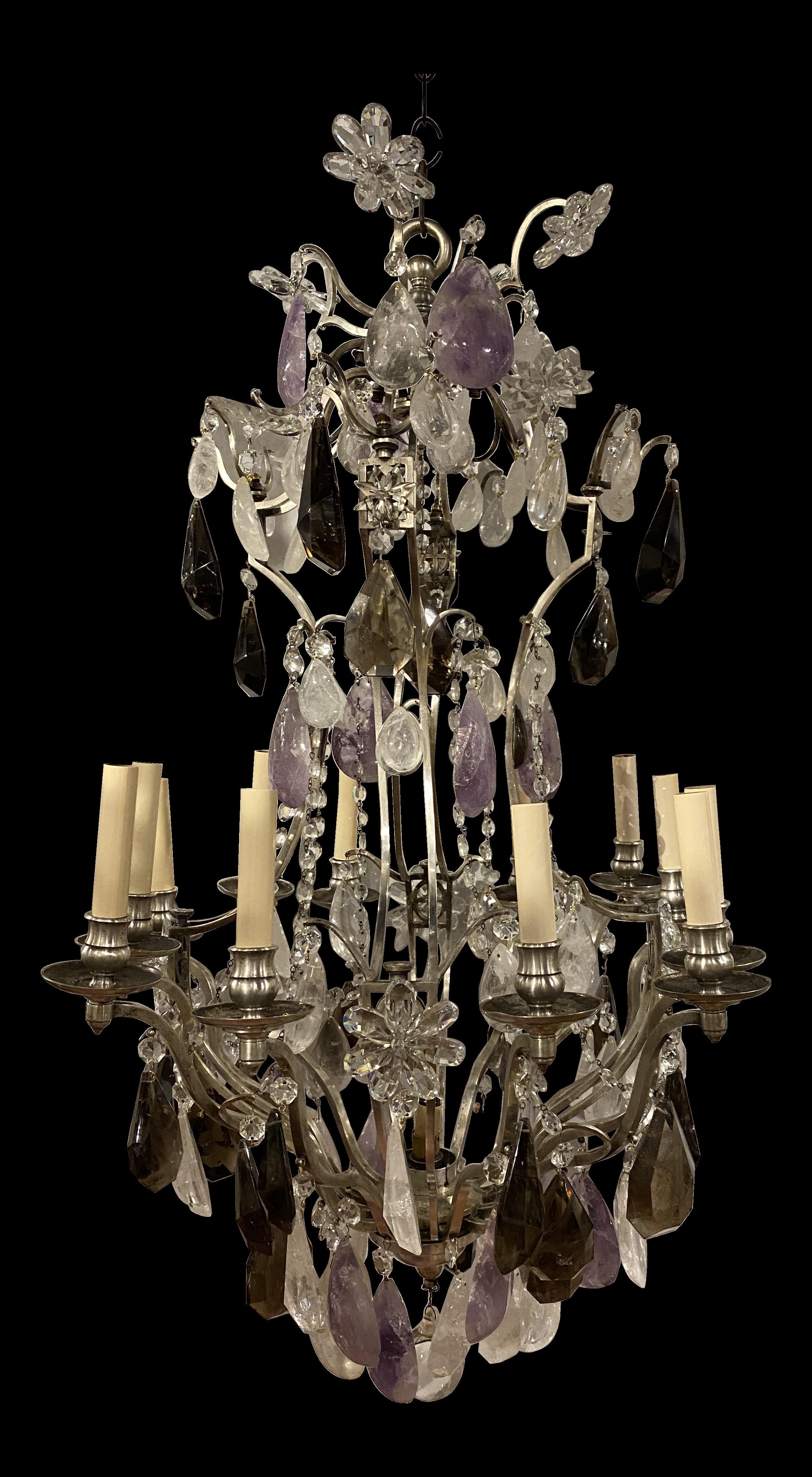Silvered 1900's French Silver Plated Chandelier with Rock and Amethyst Crystals For Sale