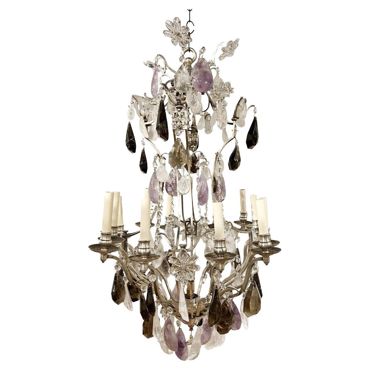 1900's French Silver Plated Chandelier with Rock and Amethyst Crystals For Sale
