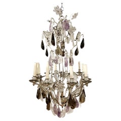 Lampadario francese del 1900 placcato in argento con cristalli di rocca e ametista