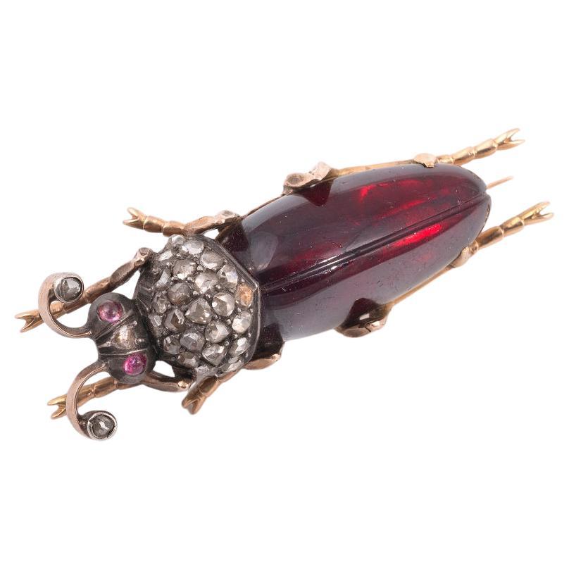 A Late 19th Century Garnet And Rose Diamond Scarab Brooch Circa 1890  For Sale