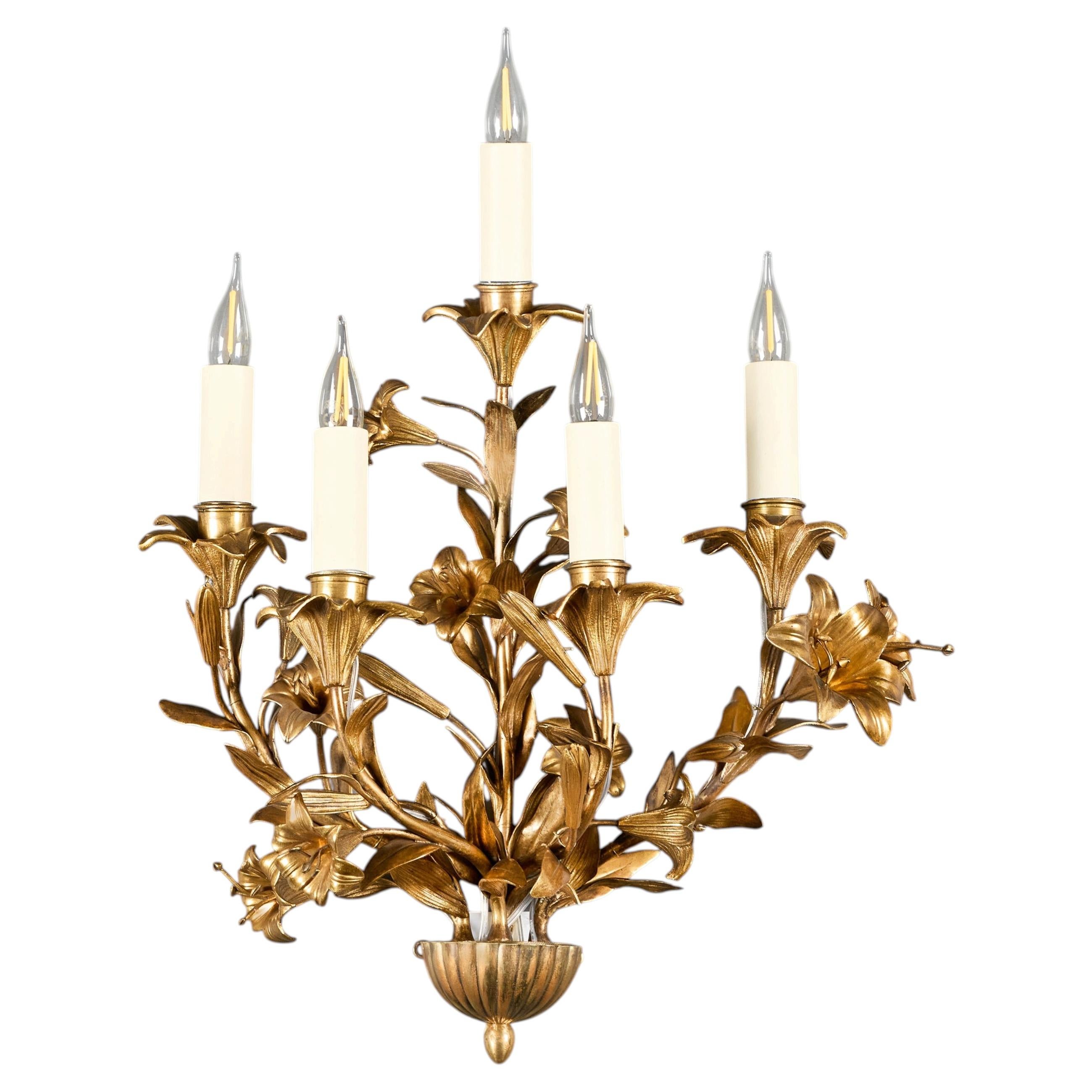 A Late 19th Century Gilt Bronze Louis XVI Style Lily Flower Wall Sconce