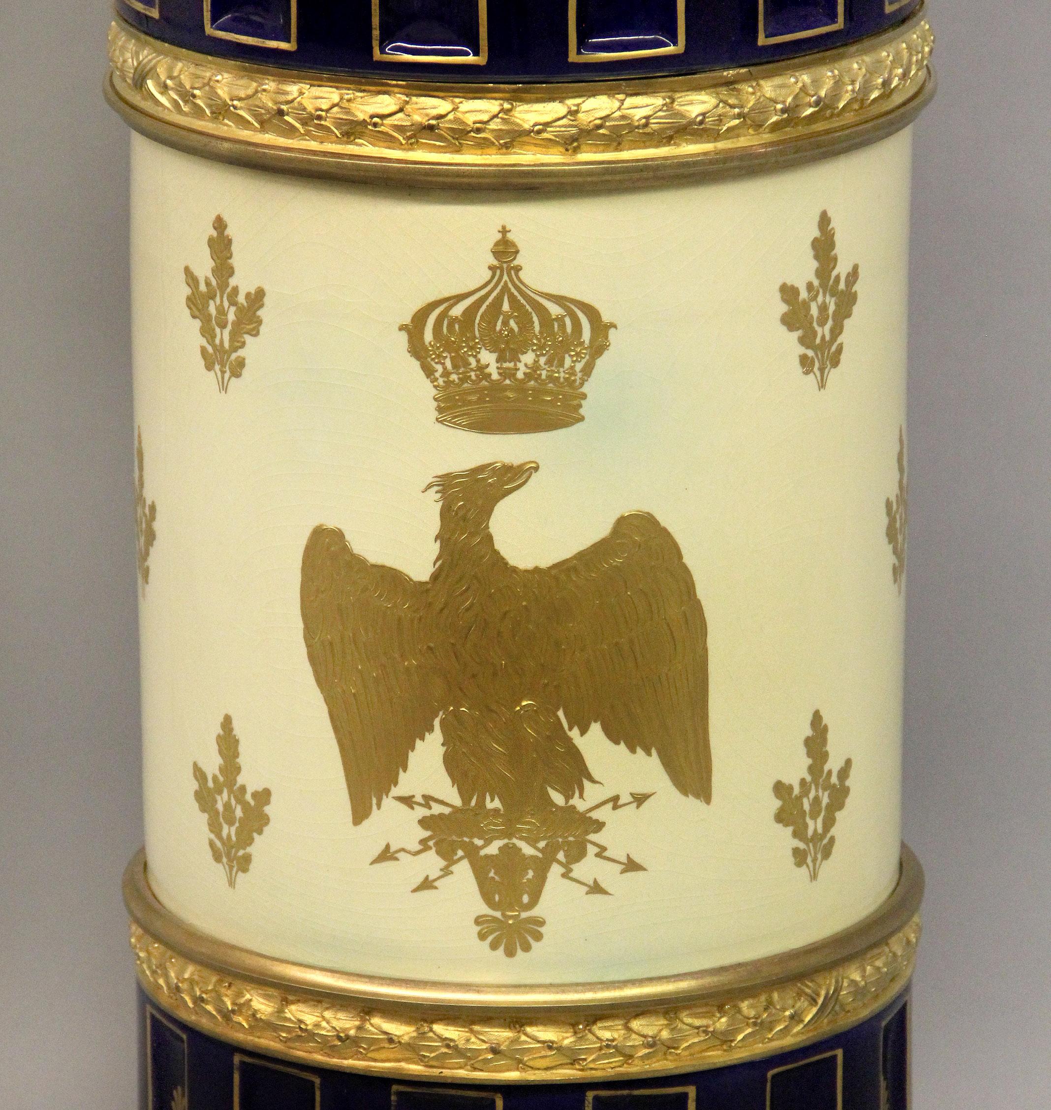 Late 19th Century Gilt Bronze Mounted Sèvres Style Napoleon Vase and Pedestal For Sale 3