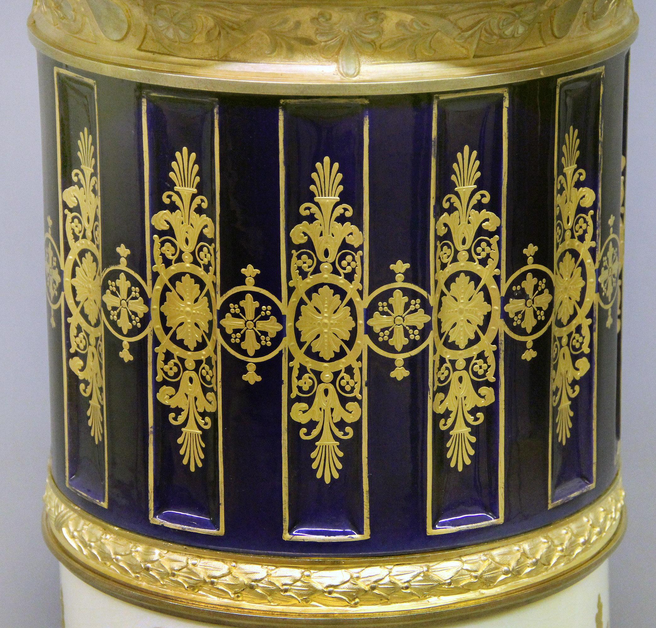 Late 19th Century Gilt Bronze Mounted Sèvres Style Napoleon Vase and Pedestal For Sale 4