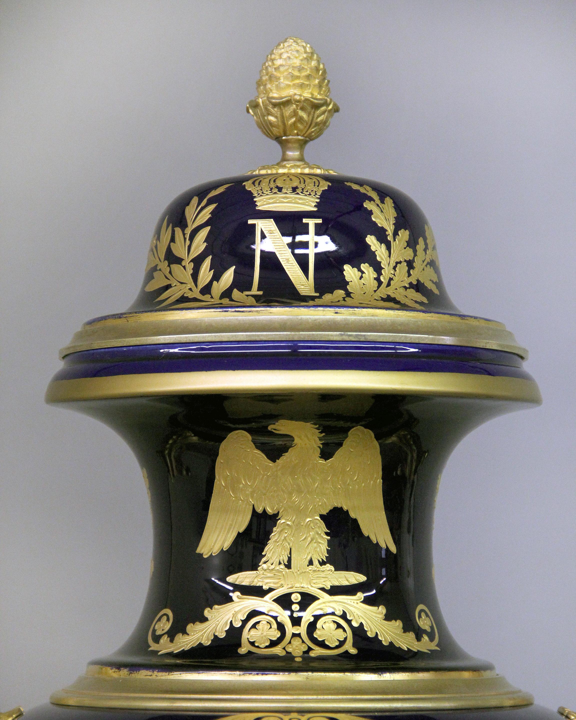 Hand-Painted Late 19th Century Gilt Bronze Mounted Sèvres Style Napoleon Vase and Pedestal For Sale