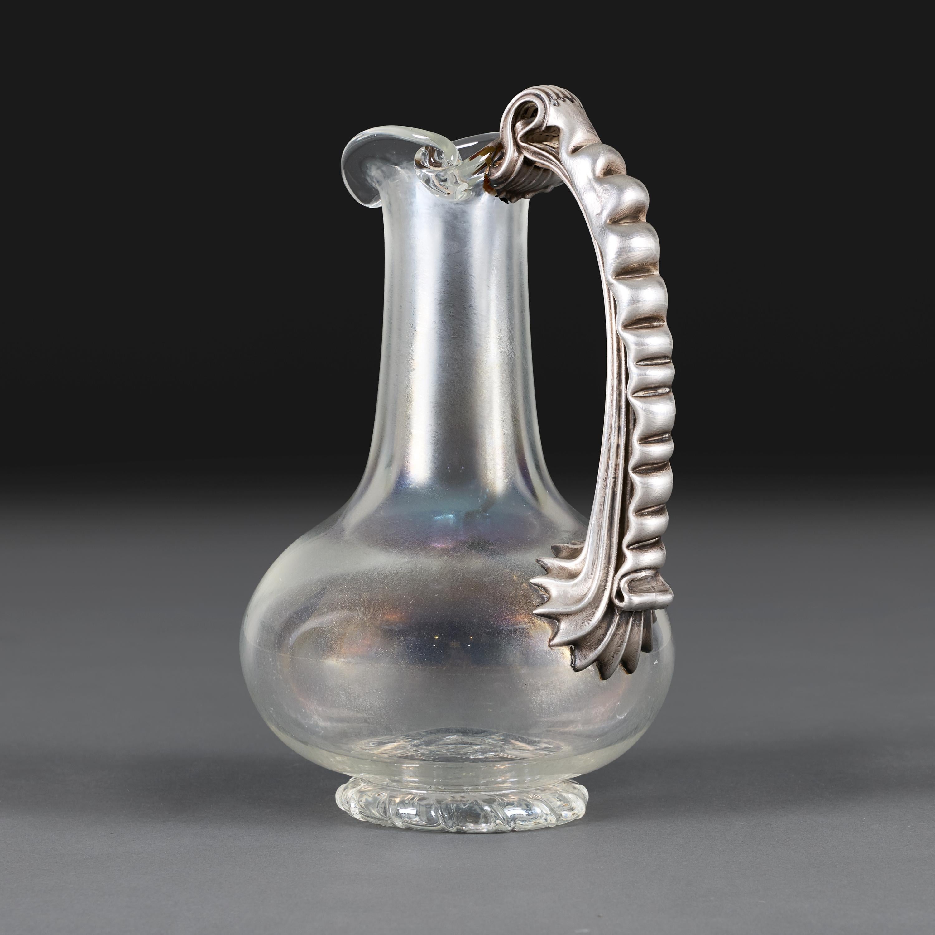 A late 19th Century Iridescent Glass Water Jug with Silver Handle In Good Condition For Sale In London, GB