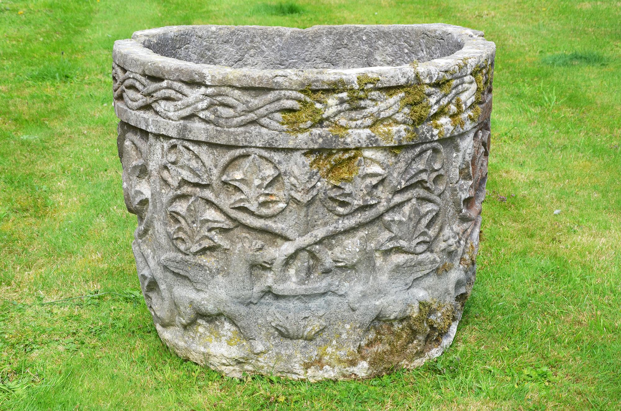 The front (or back!) having a shield motif emblazoned with a lion rampant, with the remaining demi-lune decorated throughout with Byzantine rope twist and foliage carving, along with two opposing griffins.

Restoration to the lower sections where