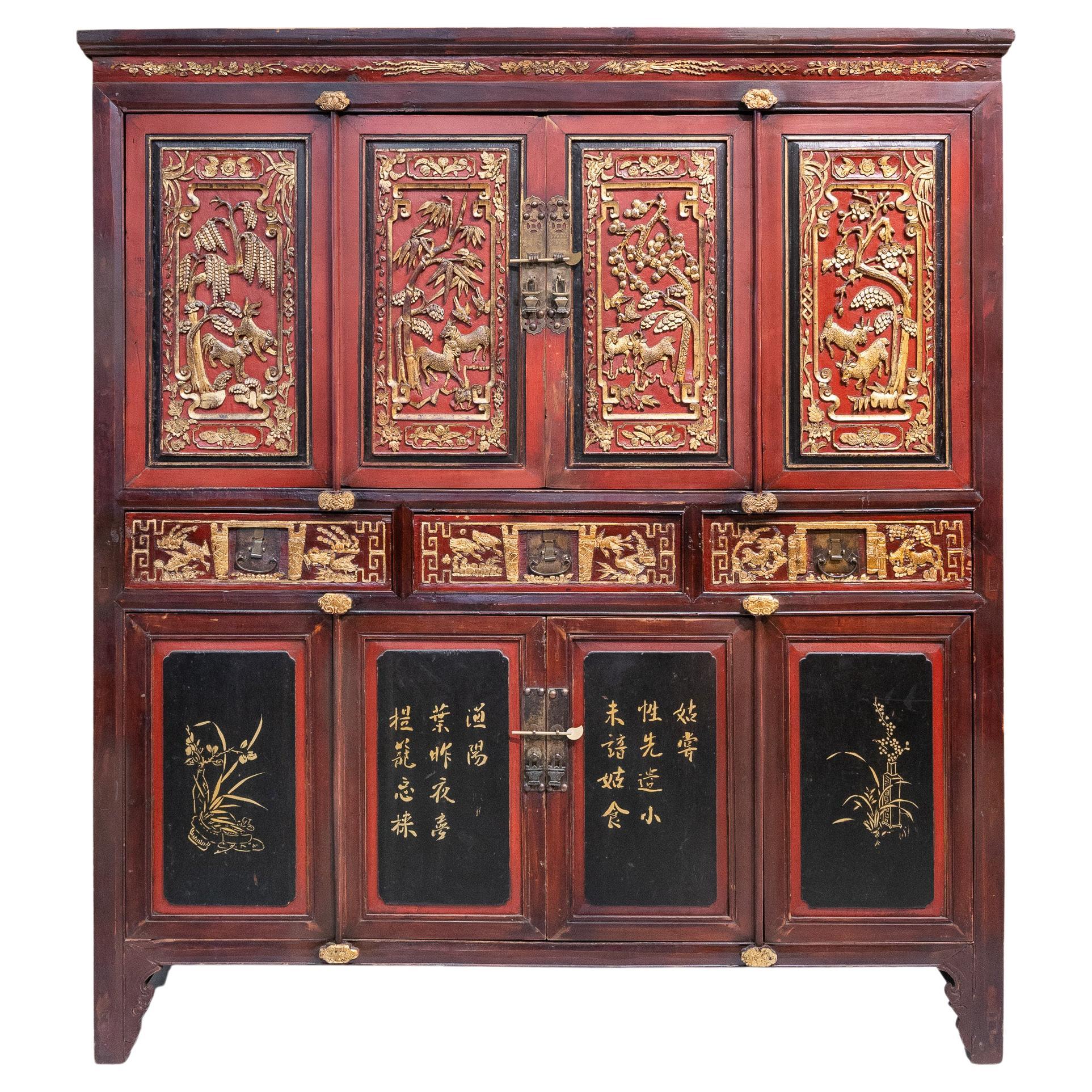 Grand meuble sculpté de la fin du XIXe siècle provenant de Dong Yang, Zhejiang, Chine en vente