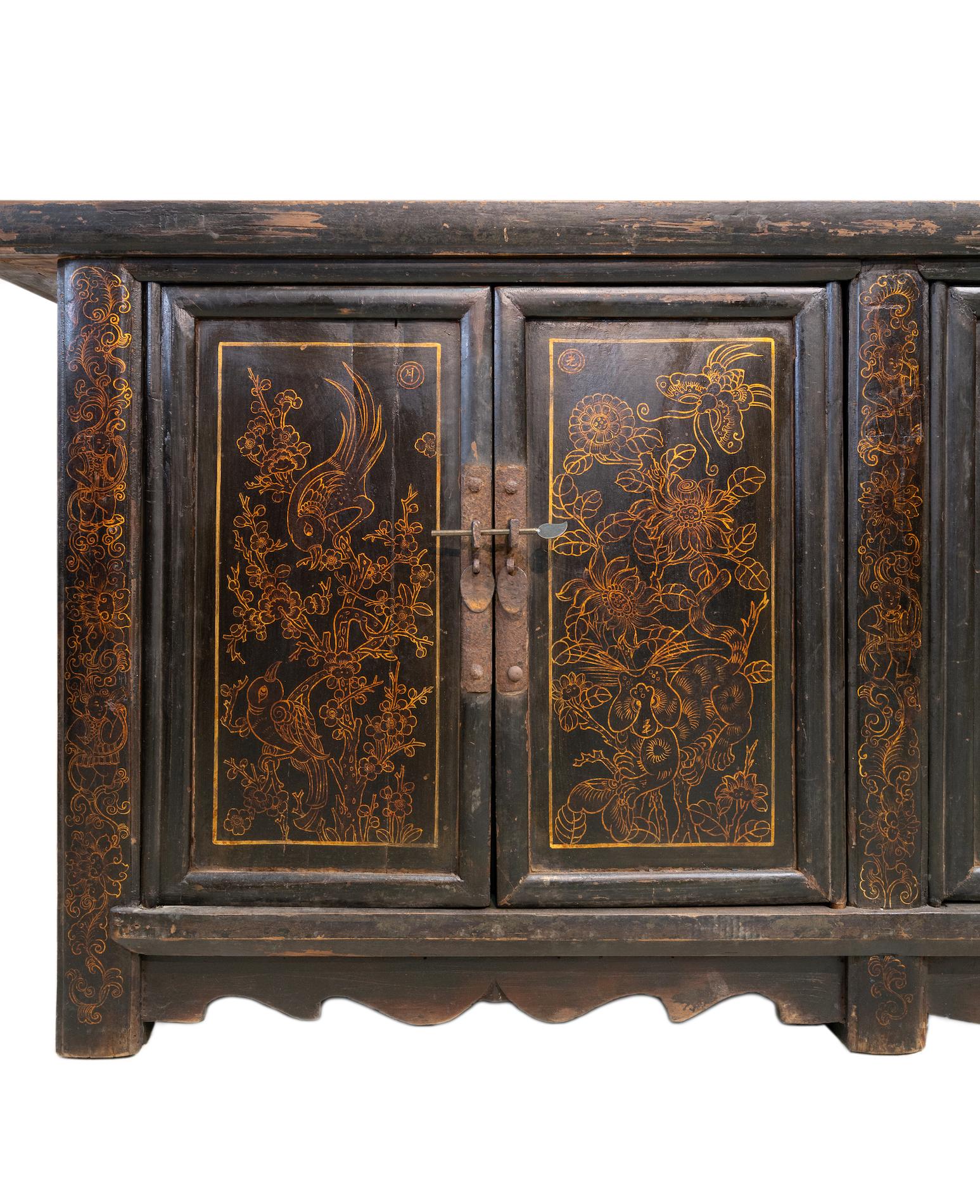 Chinese Late 19th Century Long Black Lacquered Sideboard from Shanxi, China