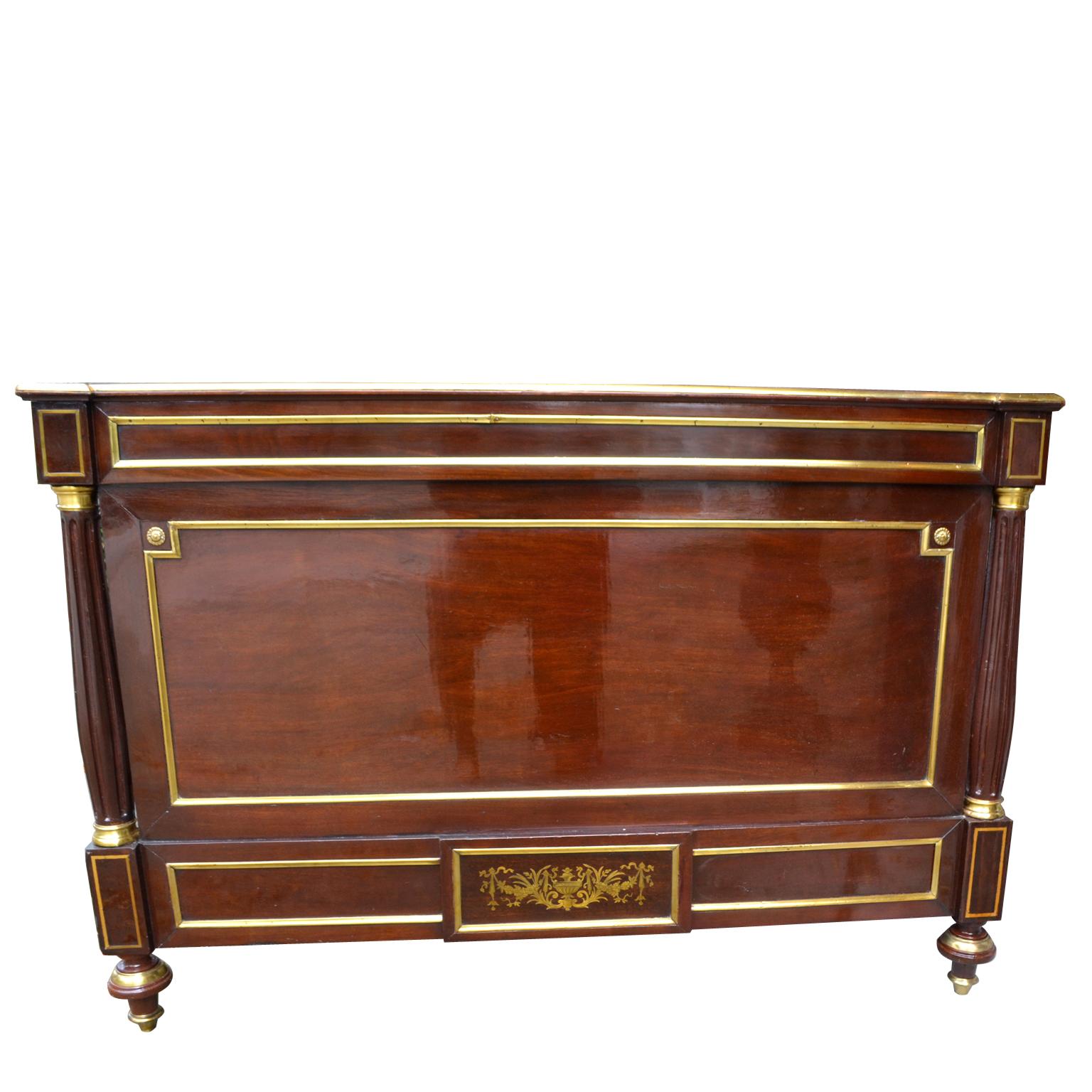 French Late 19th Century Louis XVI Style Mahogany and Inlaid Brass Bed
