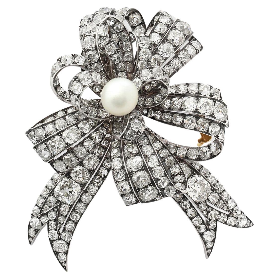 Late 19th Century Natural Pearl & Diamond Bow Brooch For Sale