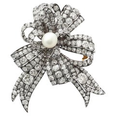 Late 19th Century Natural Pearl & Diamond Bow Brooch