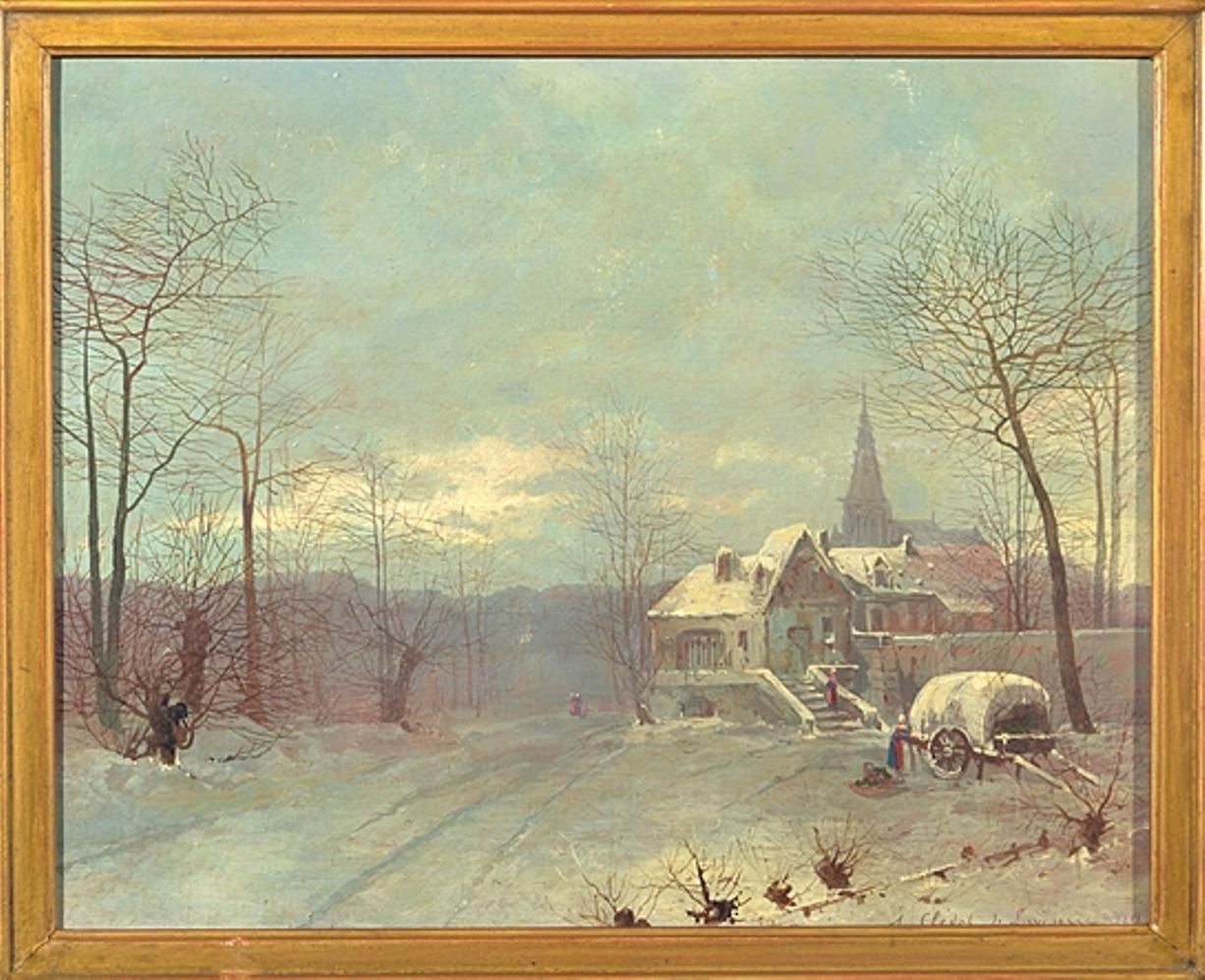 A Continental late 19th century oil on canvas depicting a wintery scene.
To the foreground a cart and two figures and a church and various other buildings in the distance.
To the lower left hand corner a signature.
The whole in a later giltwood