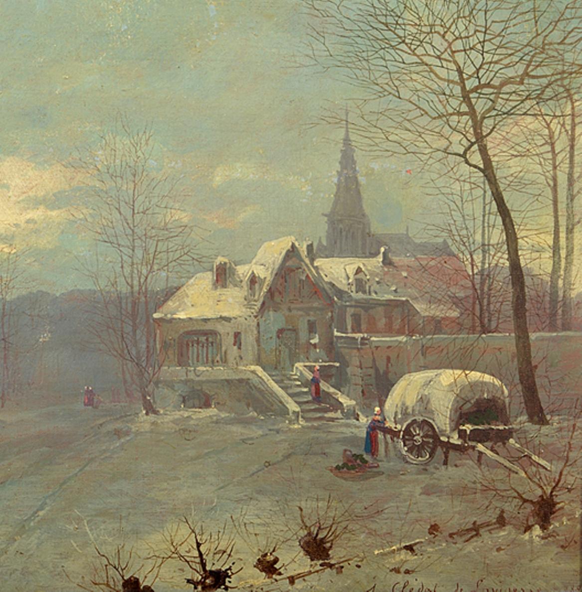 Paint Late 19th Century Oil on Canvas Depicting a Winter Scene For Sale