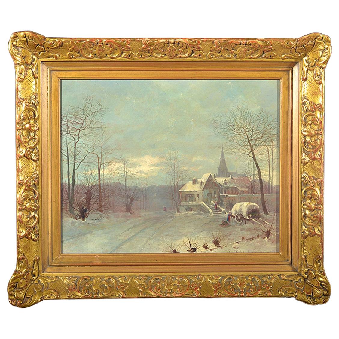 Late 19th Century Oil on Canvas Depicting a Winter Scene For Sale