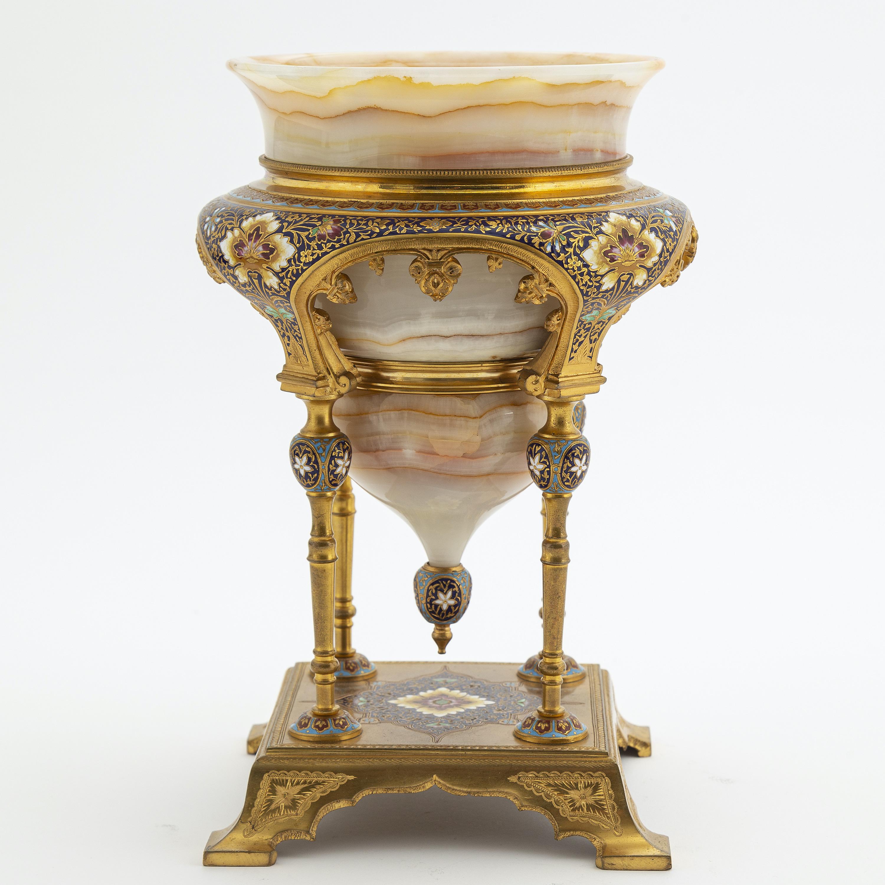 A fine 19th century onyx, champlevé and gilt bronze bowl/vase in the Oriental Moorish Islamic taste, attributed to Louchet Frères, The urn shaped onyx inserted in an architectural gilt bronze mounting on four columns supporting a large moulding