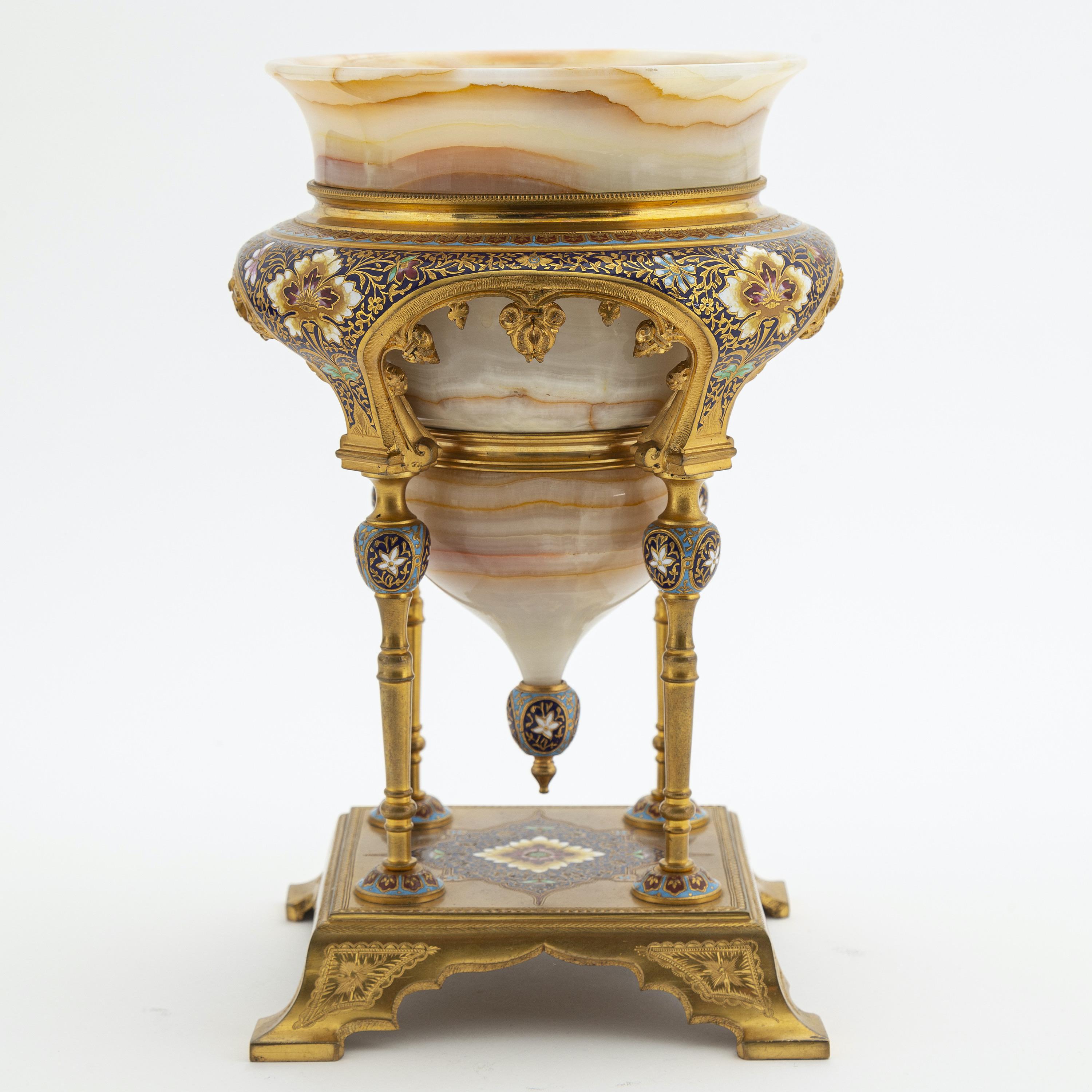 French Late 19th Century Onyx, Champlevé Enamel and Gilt Bronze Urn, Louchet Frères