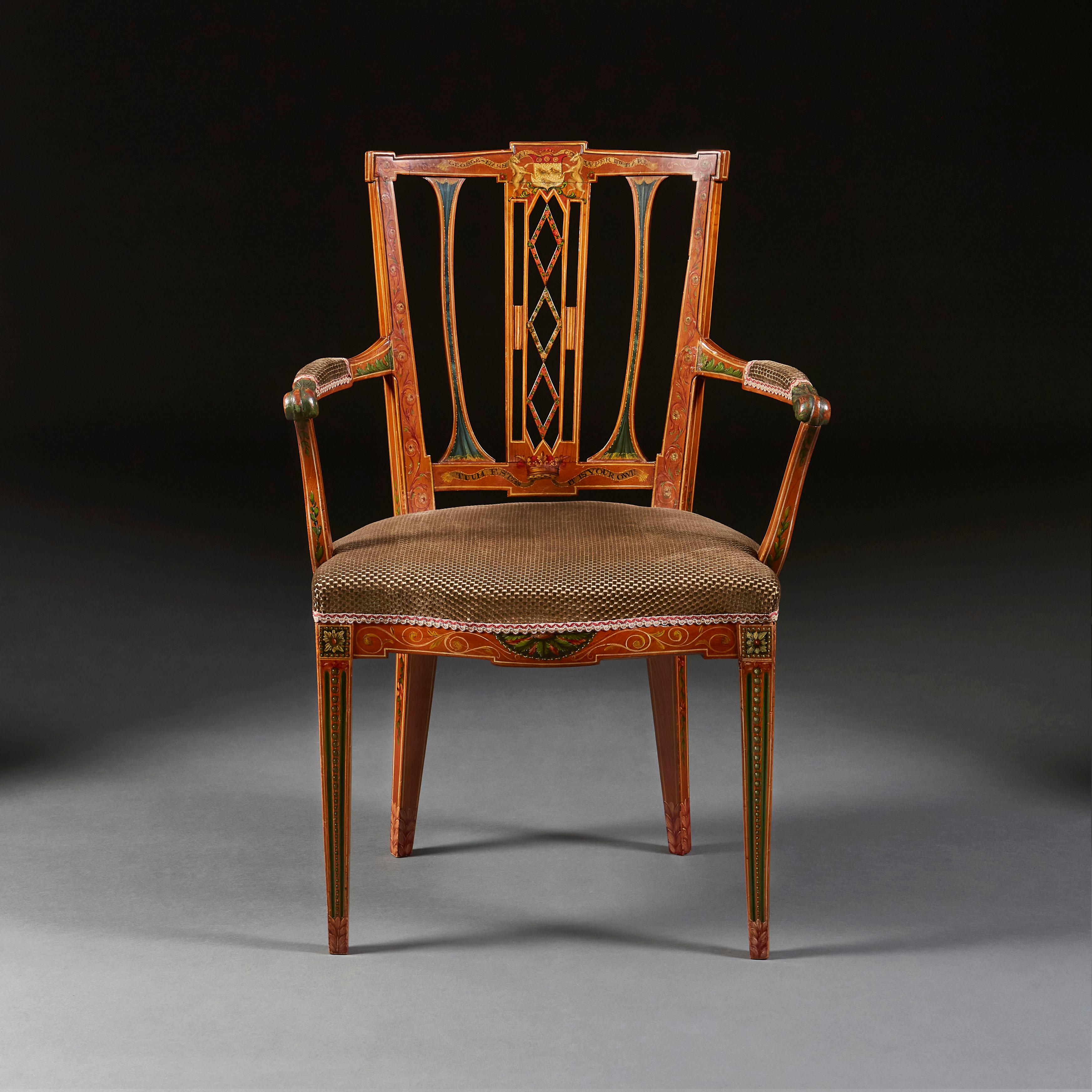 Fauteuil peint de la fin du XIXe siècle, attribué à Wright et Mansfield, avec une décoration inhabituelle de slogans peints sur le dossier, avec une plaque centrale en forme de diamant délicatement sculptée, les bras évasés avec une feuille