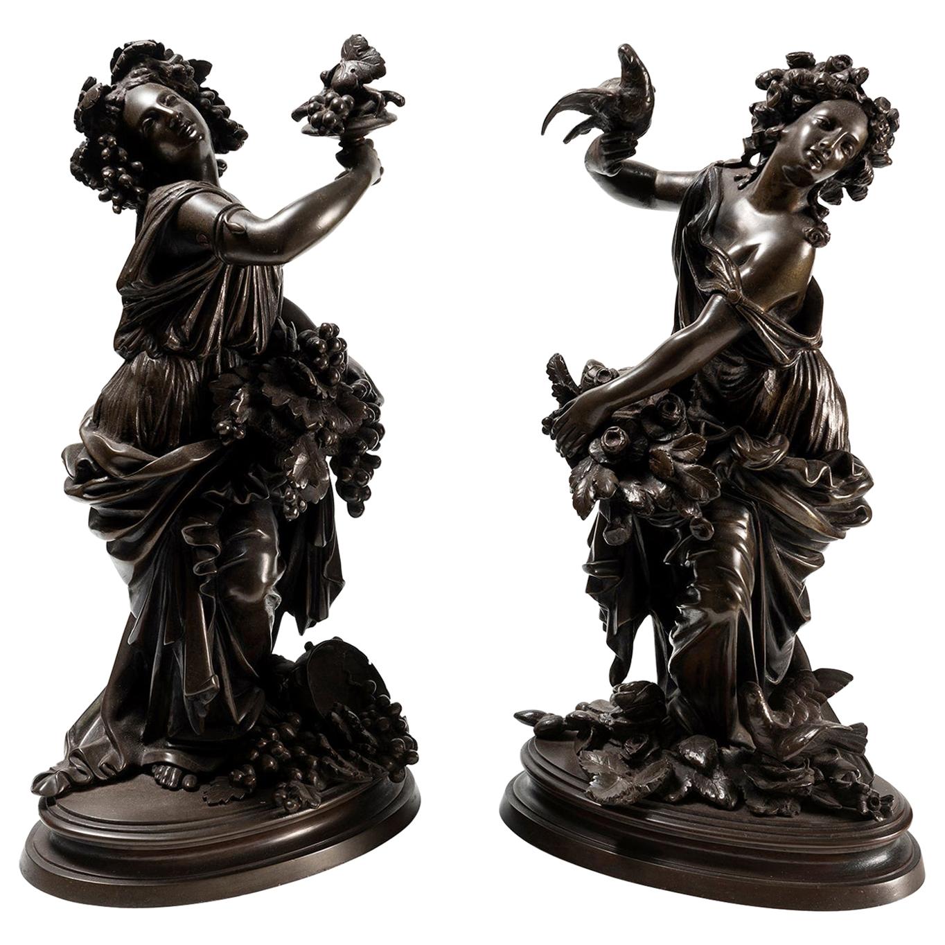 Late 19th Century Pair of French Bronze Allegorical Figures of Autumn & Spring