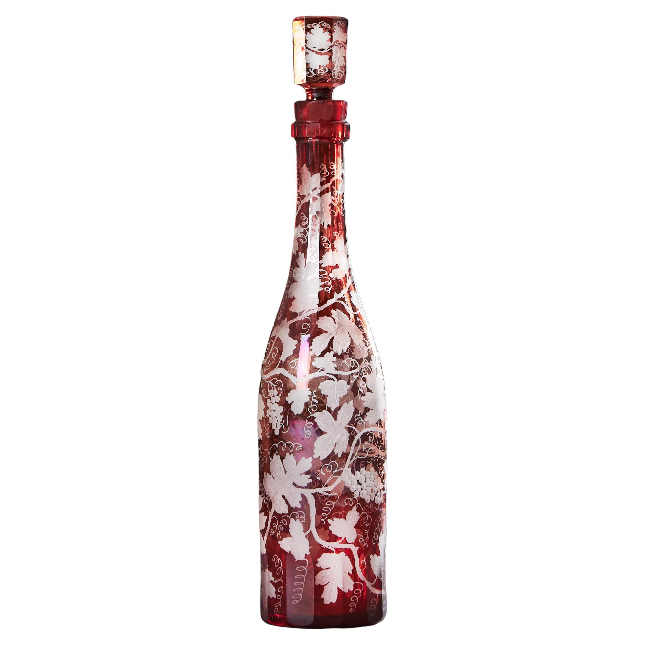 Decanter in vetro rosso tagliato della fine del XIX secolo con tappo originale