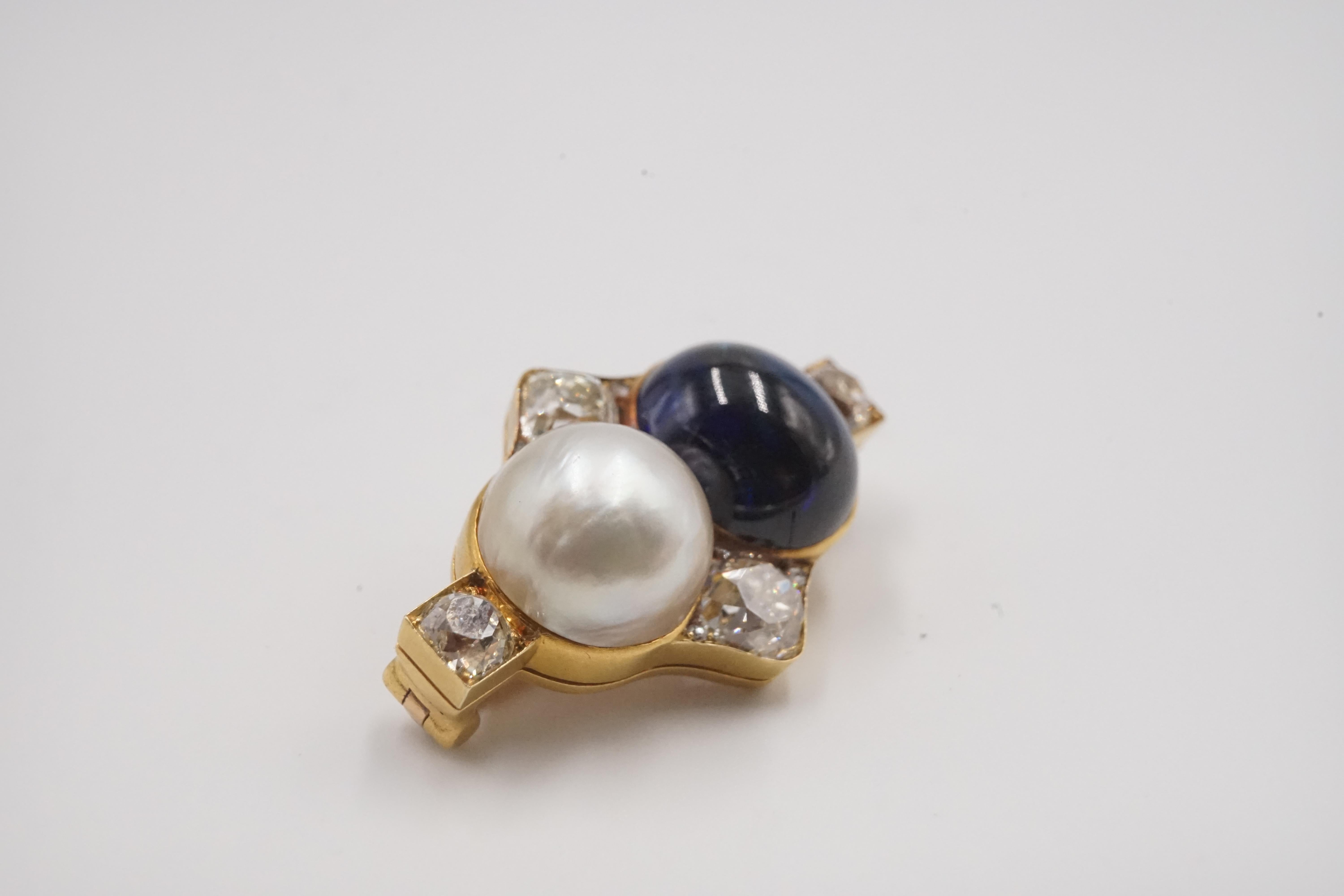 Late 19th Century Russian 10.4 Carat Natural Sapphire, Natural Pearl Gold Brooch 3