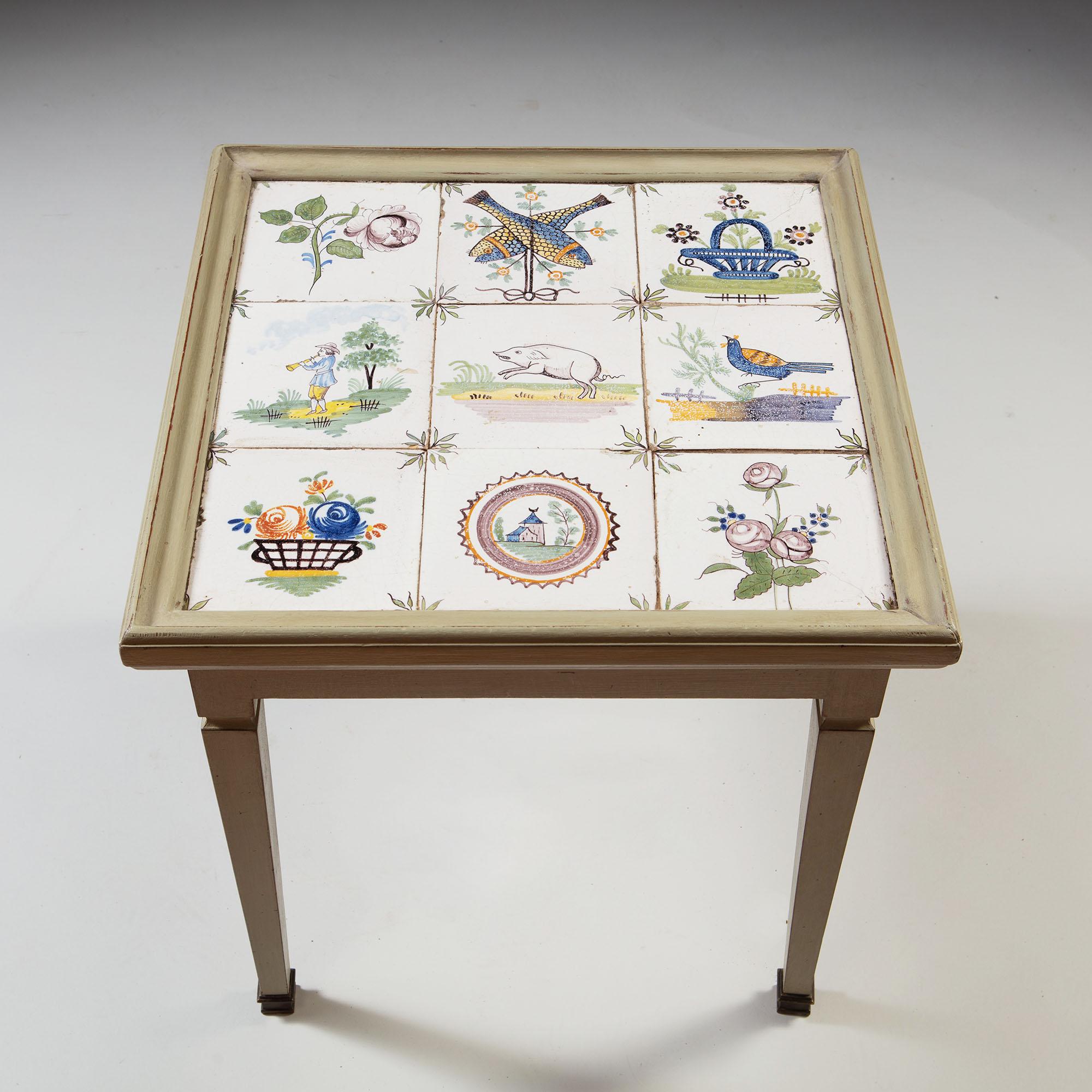 French Late 19th Century Tile-Top Table with Green Painted Frame and Brass Sabots