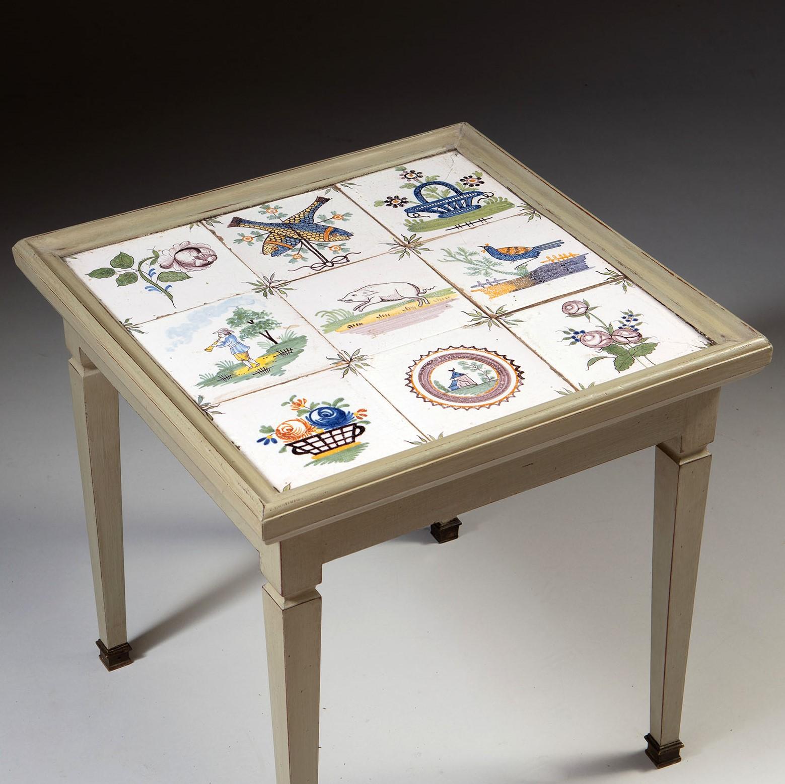 Late 19th Century Tile-Top Table with Green Painted Frame and Brass Sabots In Good Condition In London, GB