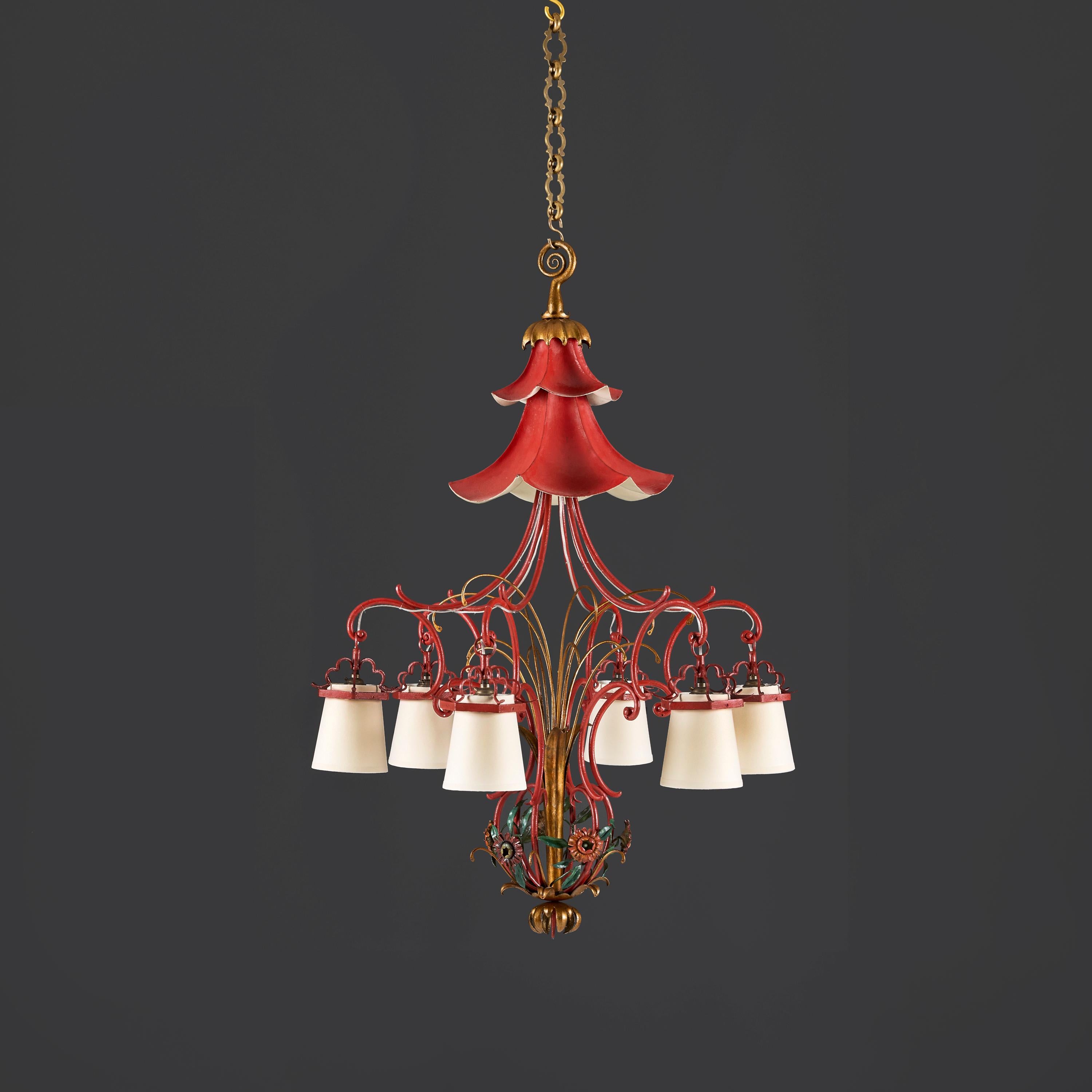 French A Late 19th Century Whimsical Red and Gold Tole Pagoda Chandelier For Sale