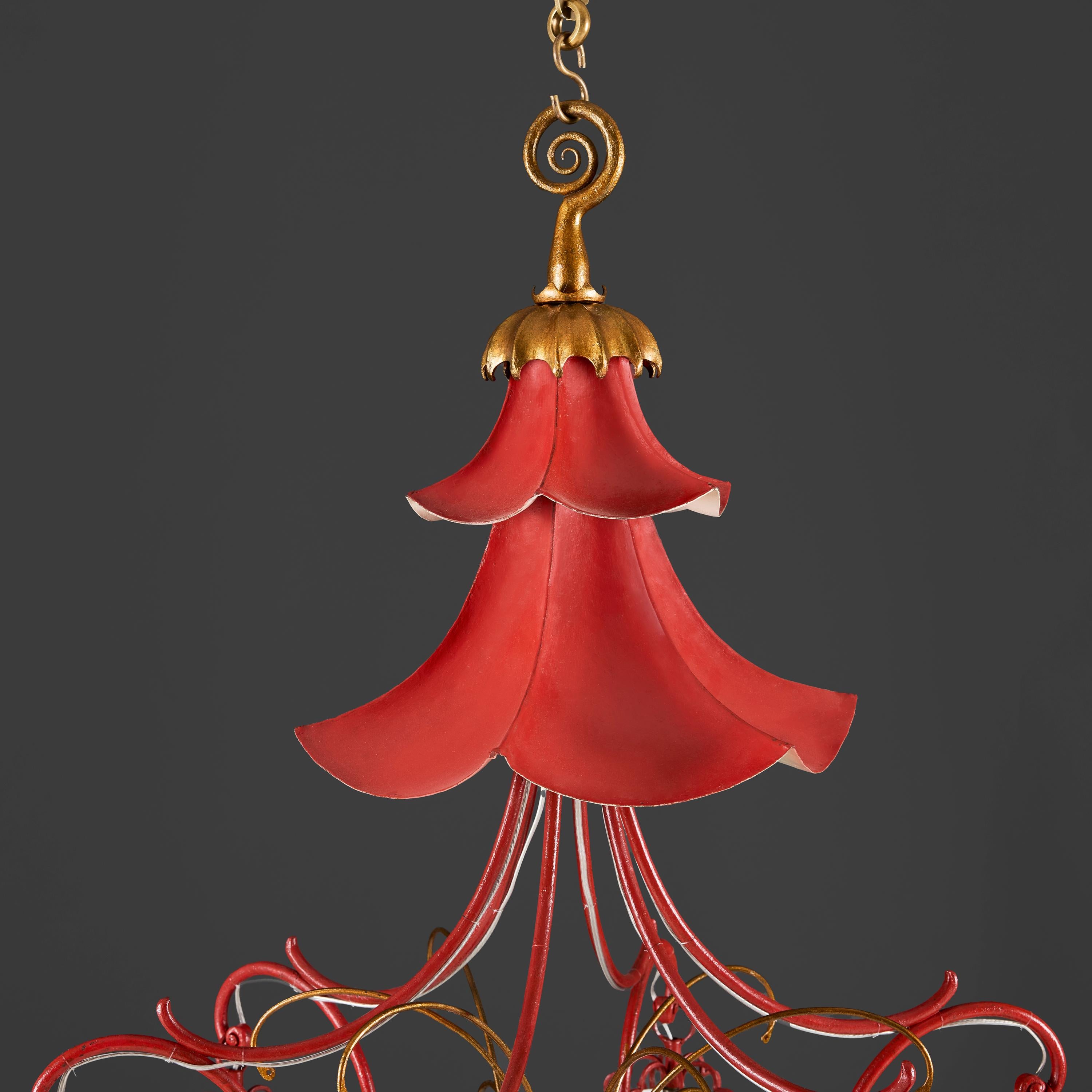 Hand-Painted A Late 19th Century Whimsical Red and Gold Tole Pagoda Chandelier For Sale