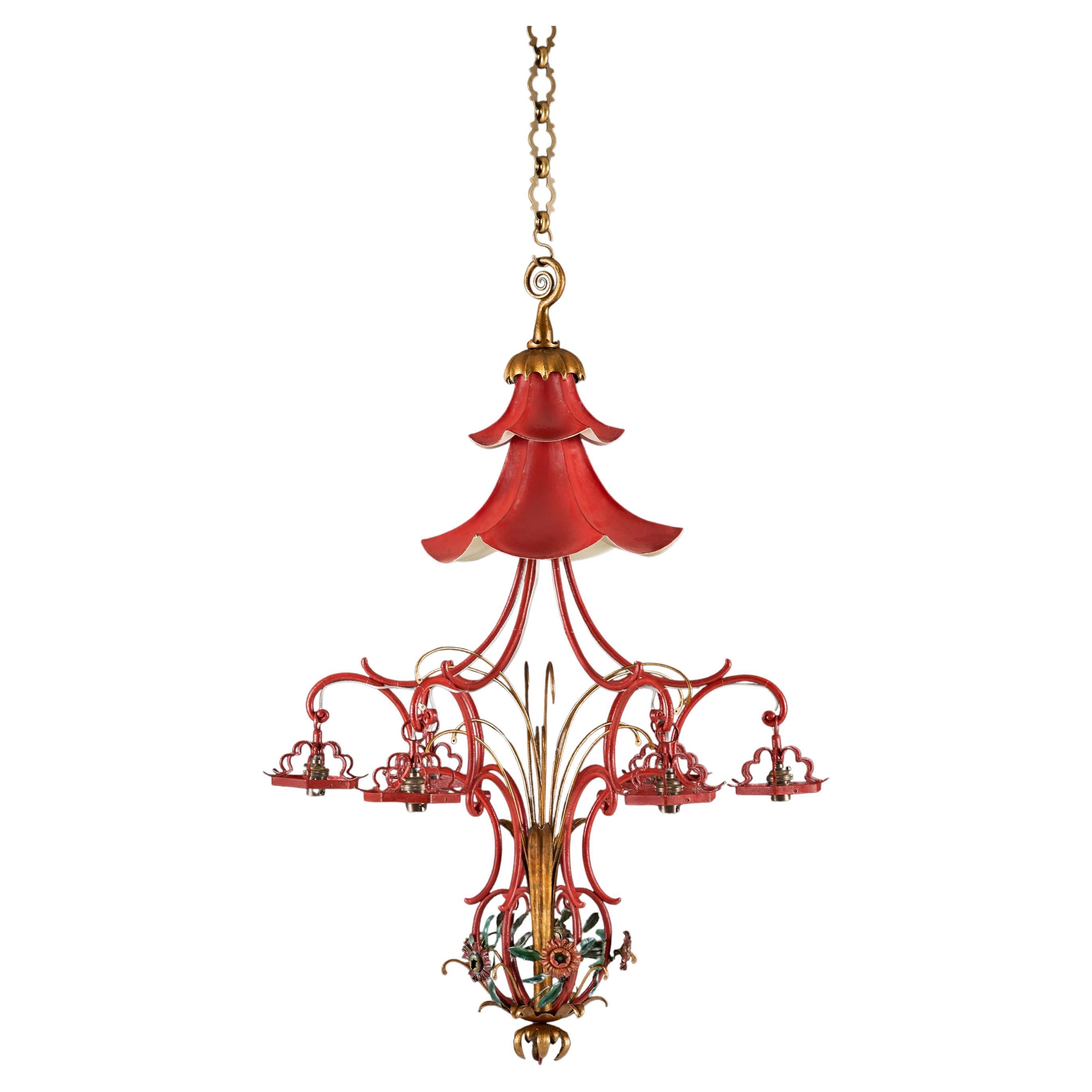 A Late 19th Century Whimsical Red and Gold Tole Pagoda Chandelier For Sale