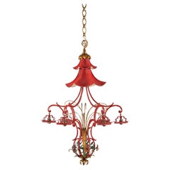 A Late 19th Century Whimsical Red and Gold Tole Pagoda Chandelier