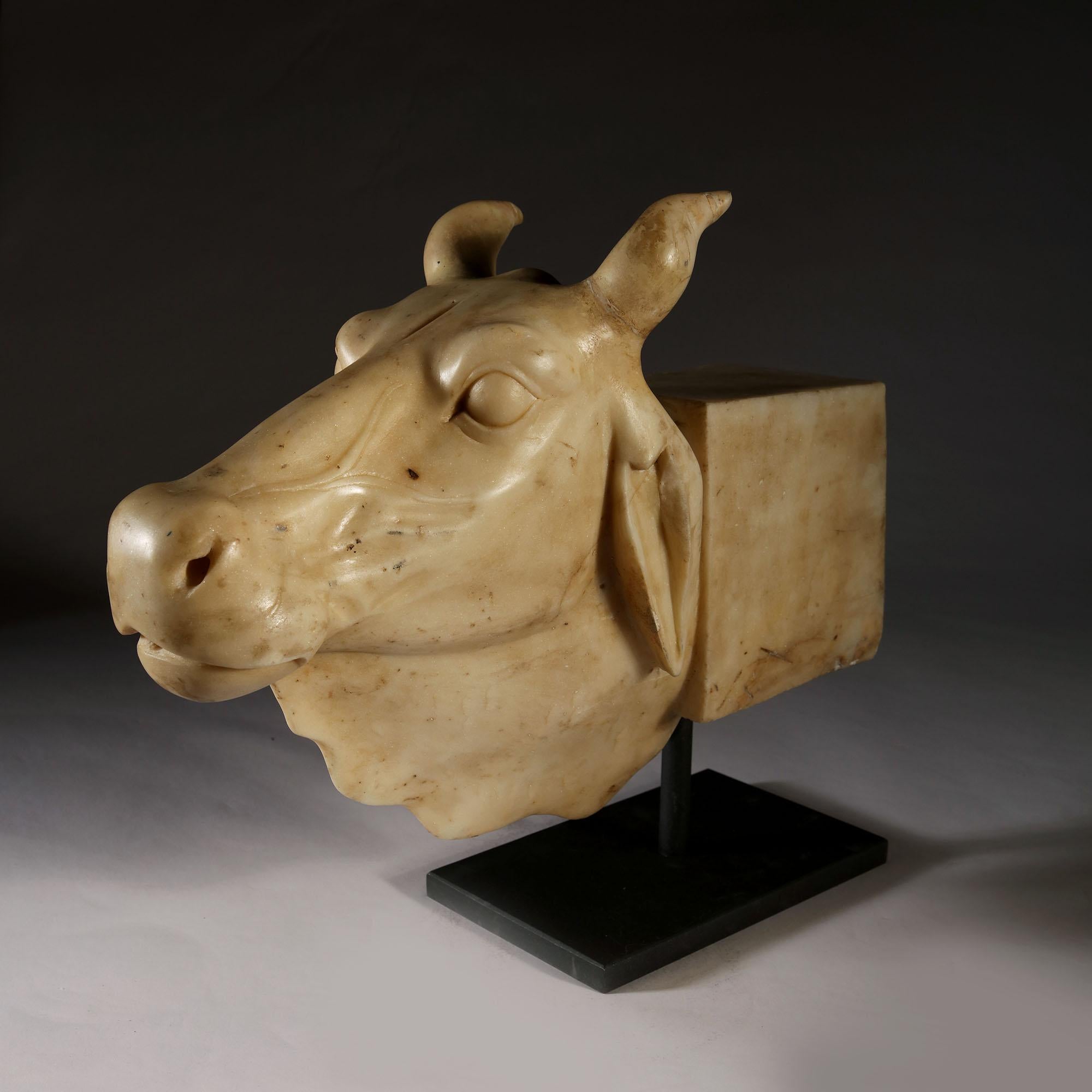 Carved Late 19th Century White Marble Sculpture of an Indian Nandi Bull