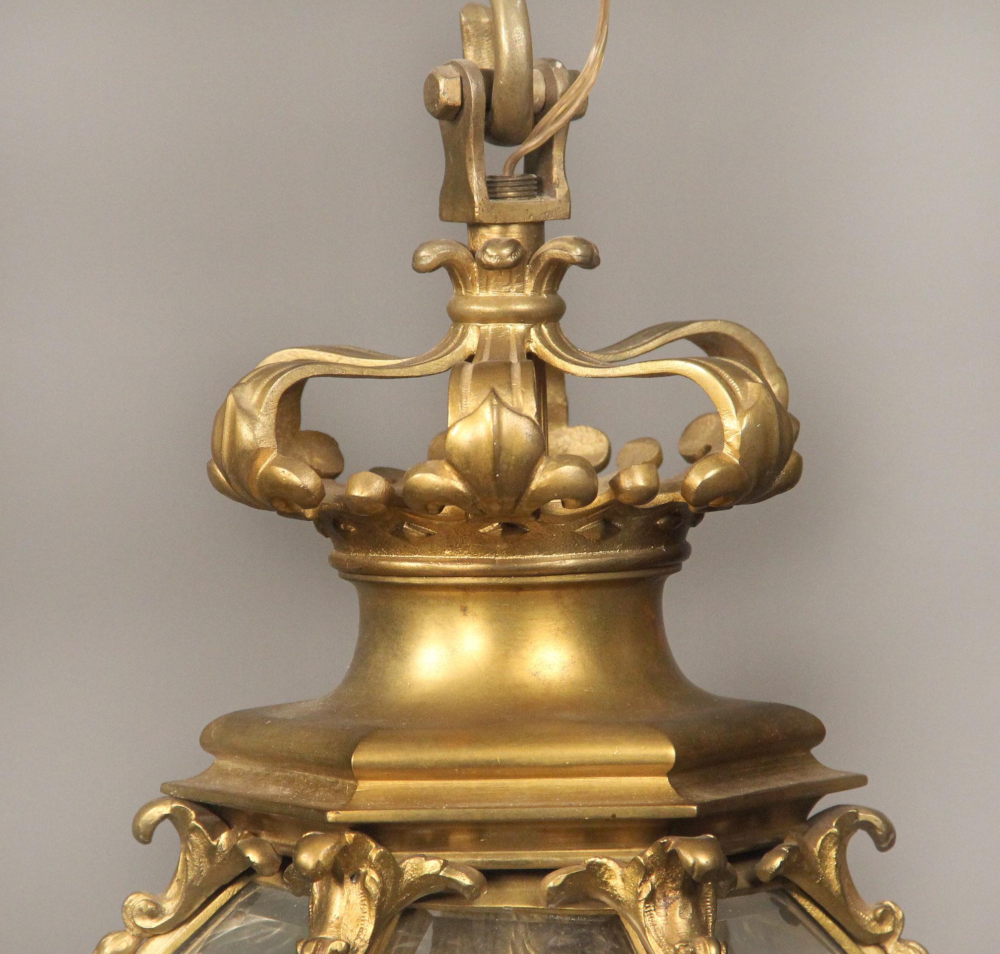 Belle Époque Late 19th/Early 20th Century Gilt Bronze and Glass ‘Versailles’ Hall Lantern For Sale