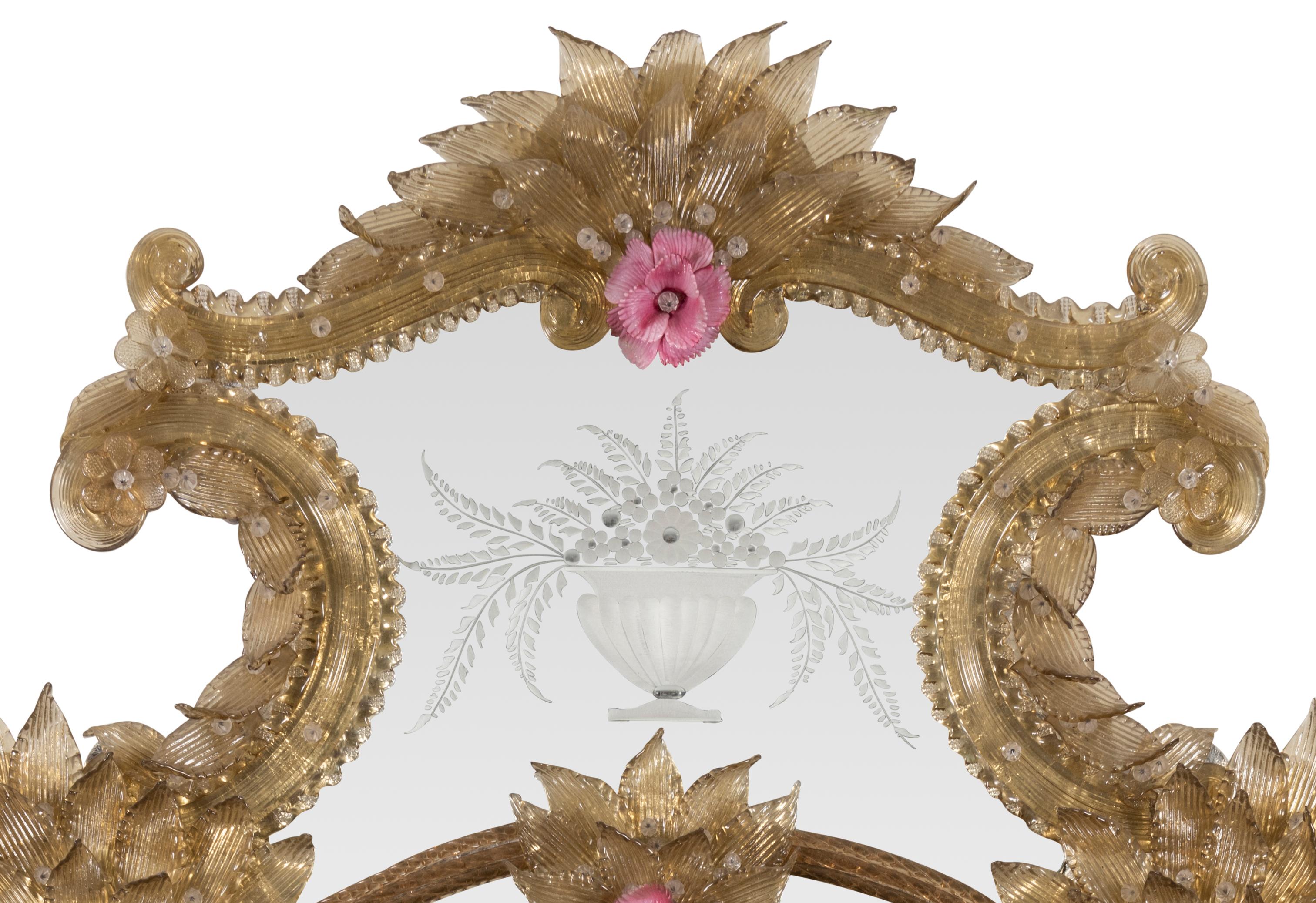 Rococo A Late 19th Venetian Oval Gilt-Inlaid, Coloured Glass and Etched Mirror For Sale