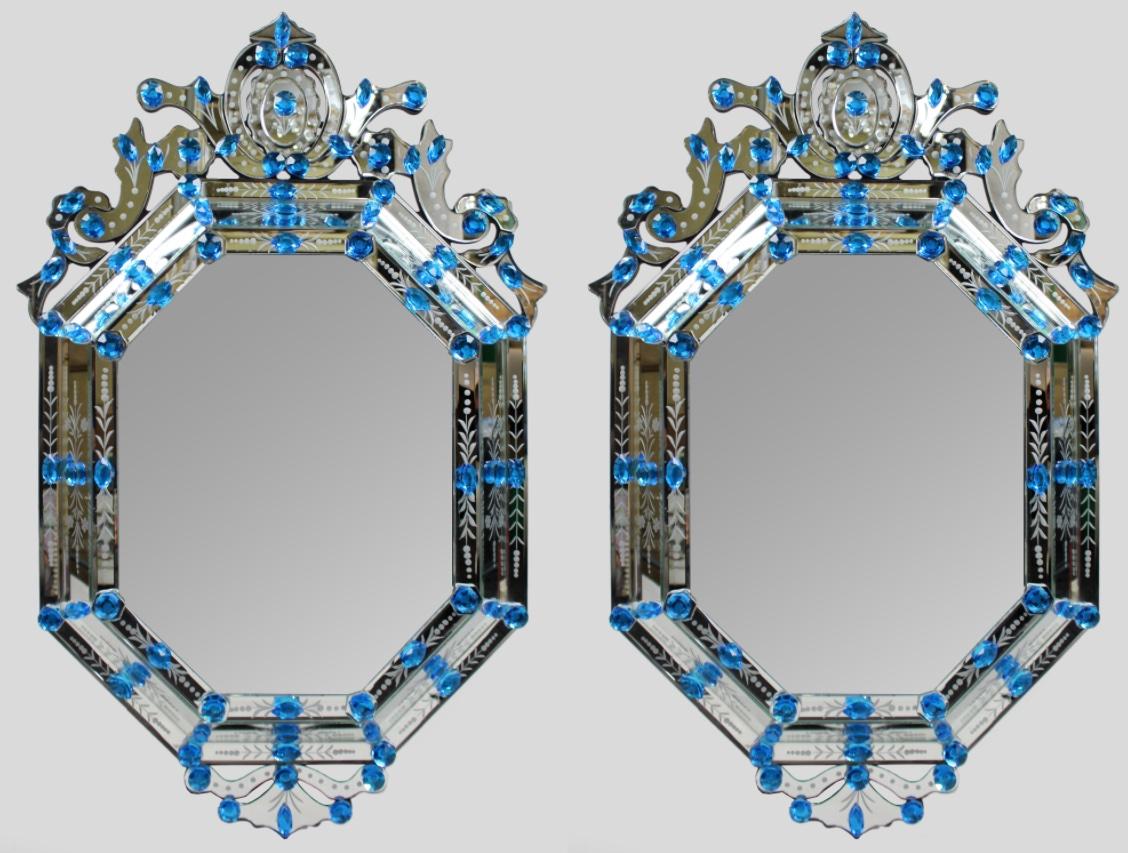 Pair of late 20th.century custom made Venetian Style Mirrors with Blue Glass Jewels An eye-catching and highly decorative pair of bespoke Venetian-style wall mirrors, lavishly adorned with vibrant blue cut glass crystals. These mirrors are of recent