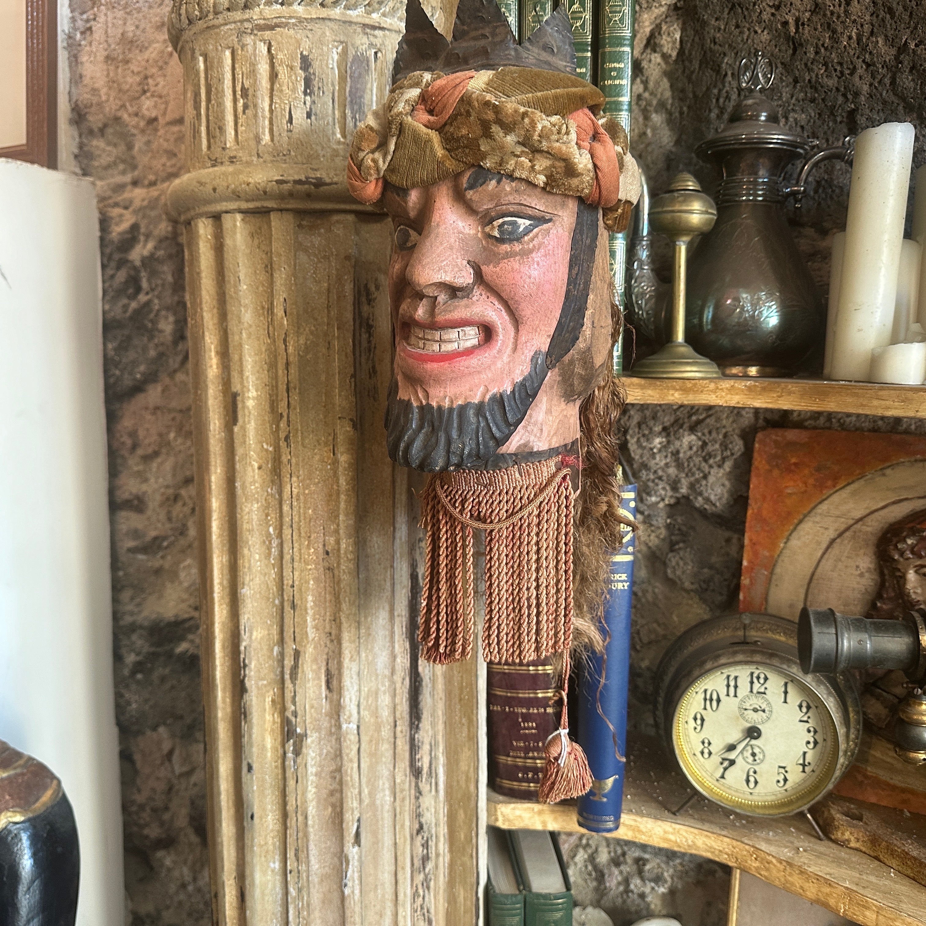 Fabric A Late 19th Century Hand-Carved Wood Sicilian Head of a Saracen Marionette For Sale
