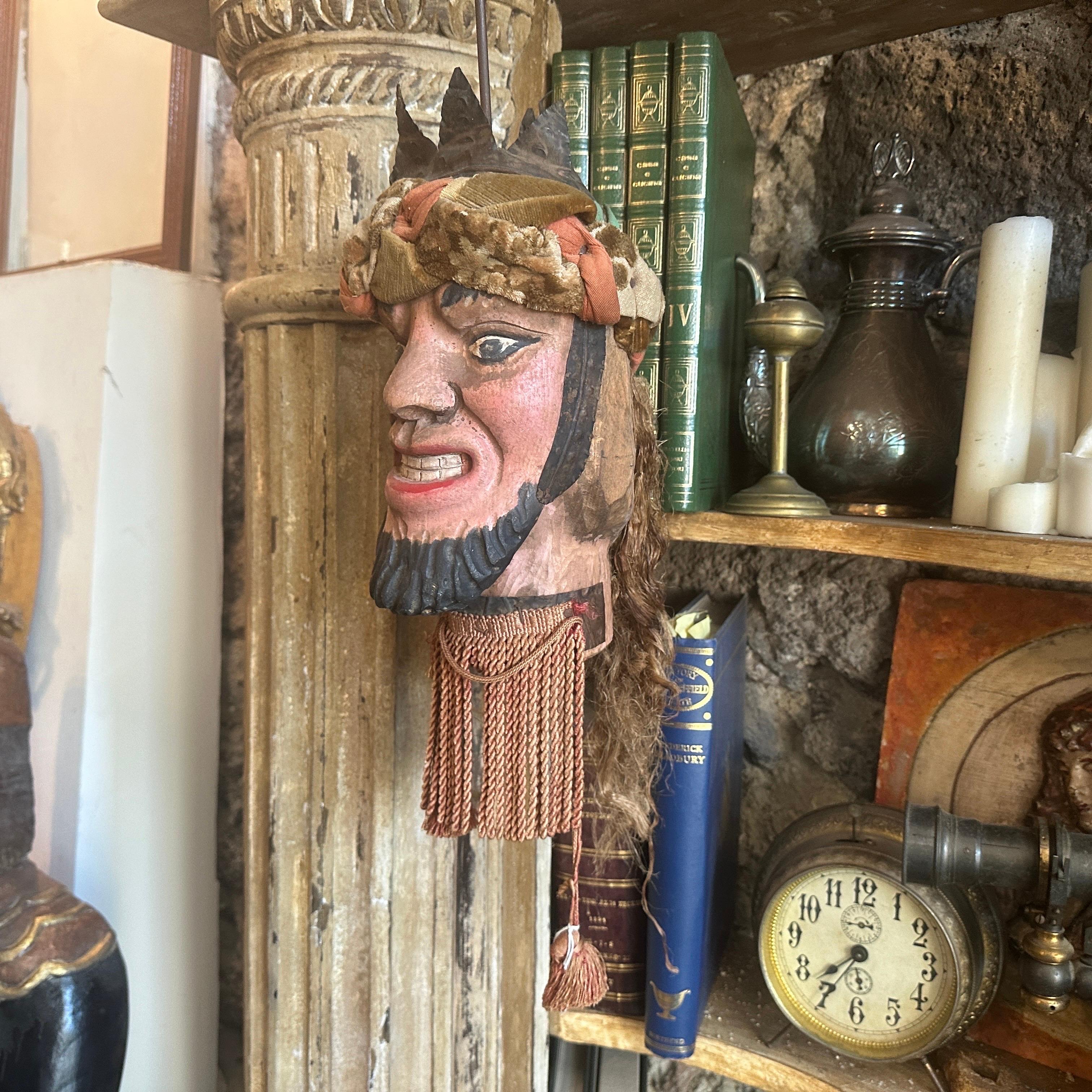 A Late 19th Century Hand-Carved Wood Sicilian Head of a Saracen Marionette For Sale 2